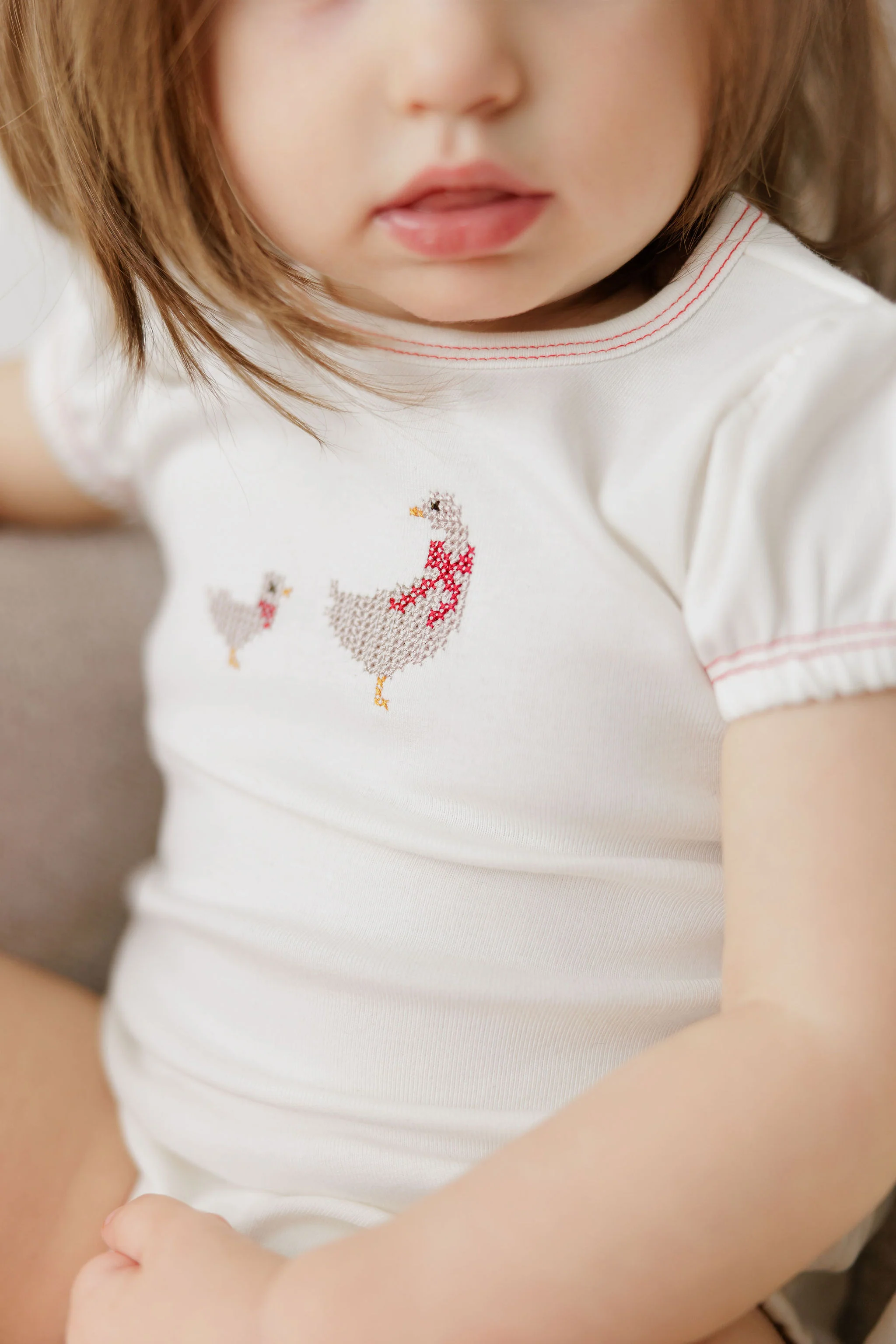 Ely's & Co Cotton Cross Stitch Duckling Collection Romper - Ivory/Pink - Image 3