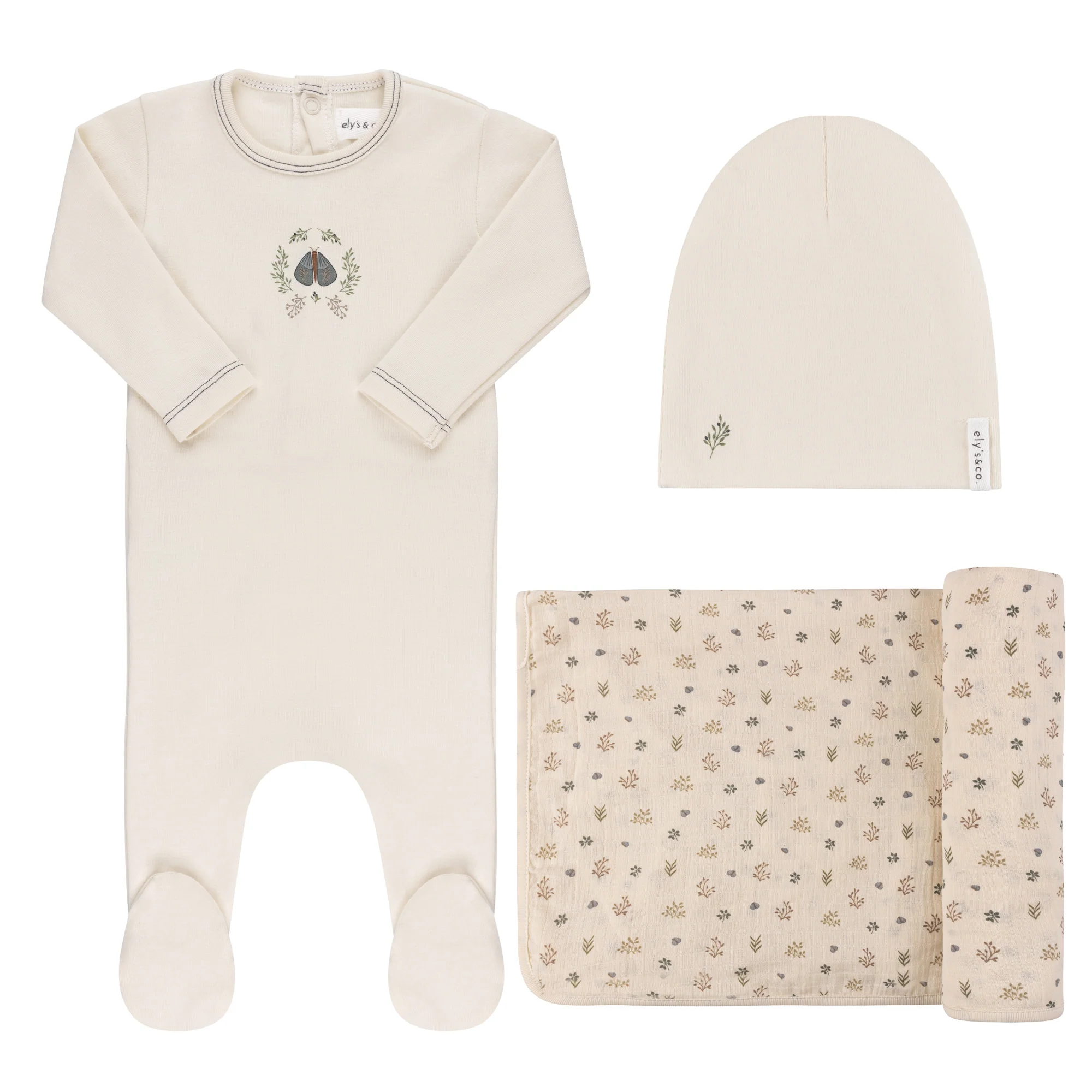 Ely's & Co Garden Floral Center Collection 3PC Layette set - Ivory Boy