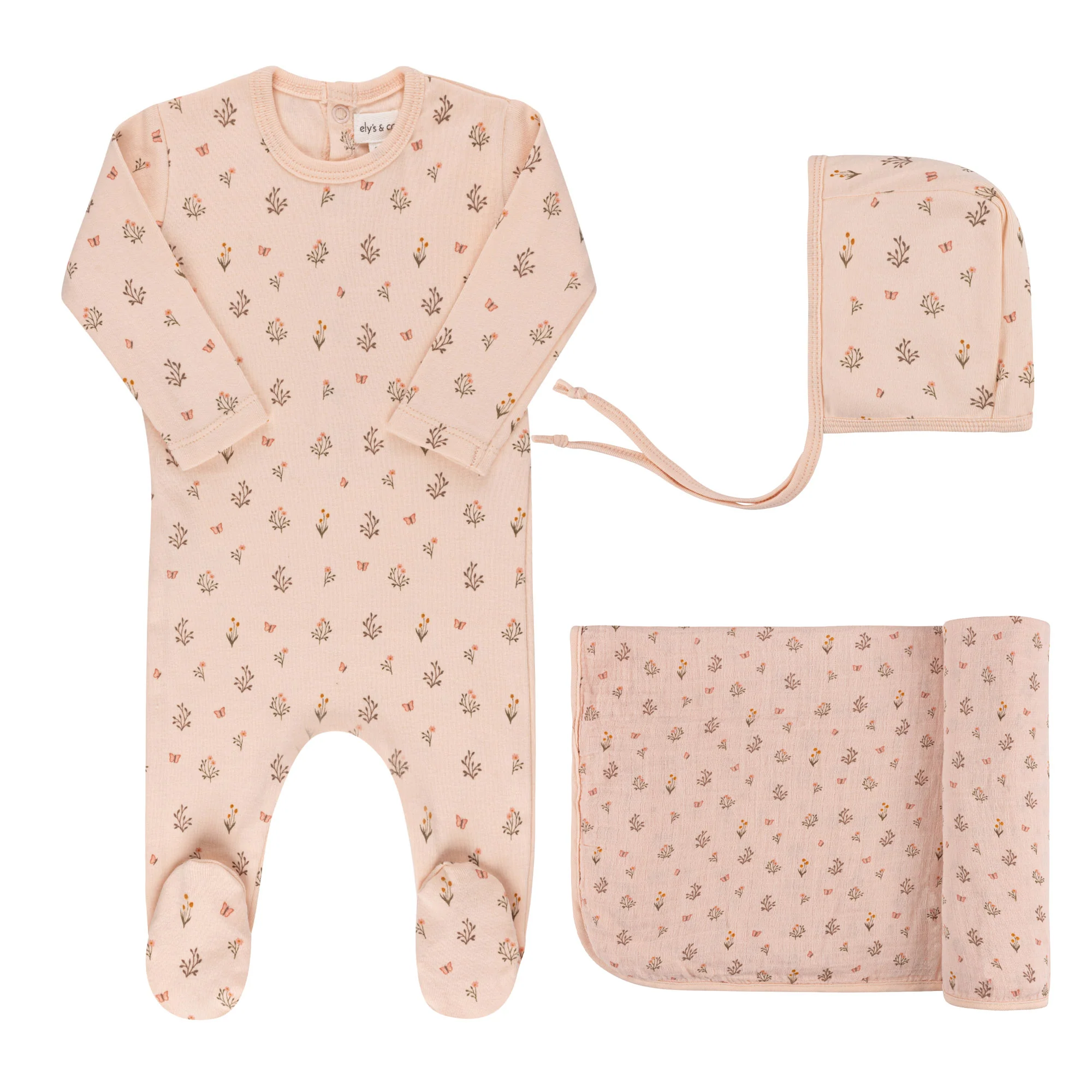 Ely's & Co Garden Floral Print Collection 3PC Layette Set - Pink