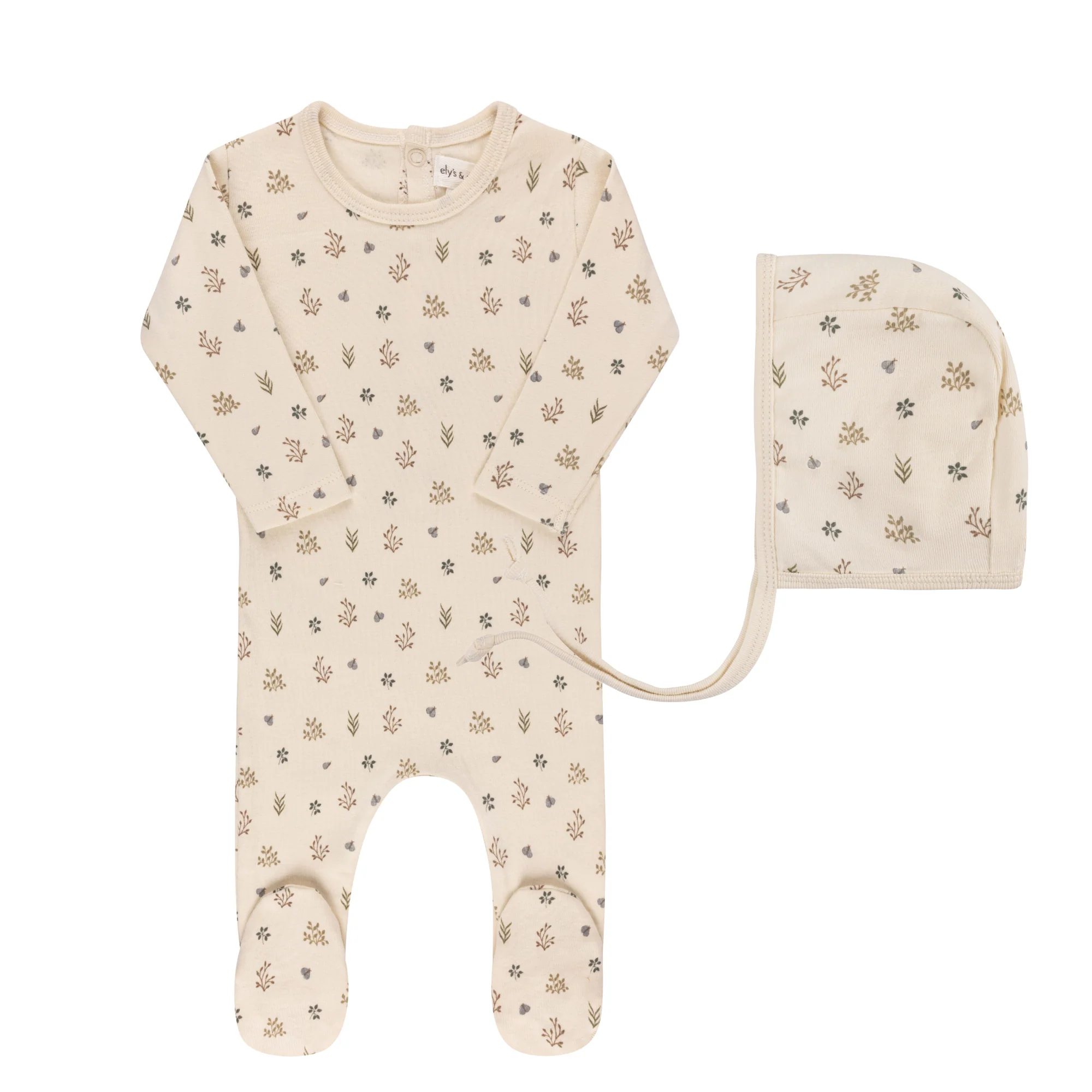Ely's & Co Garden Floral Print Collection Footie & Bonnet - Boy Ivory
