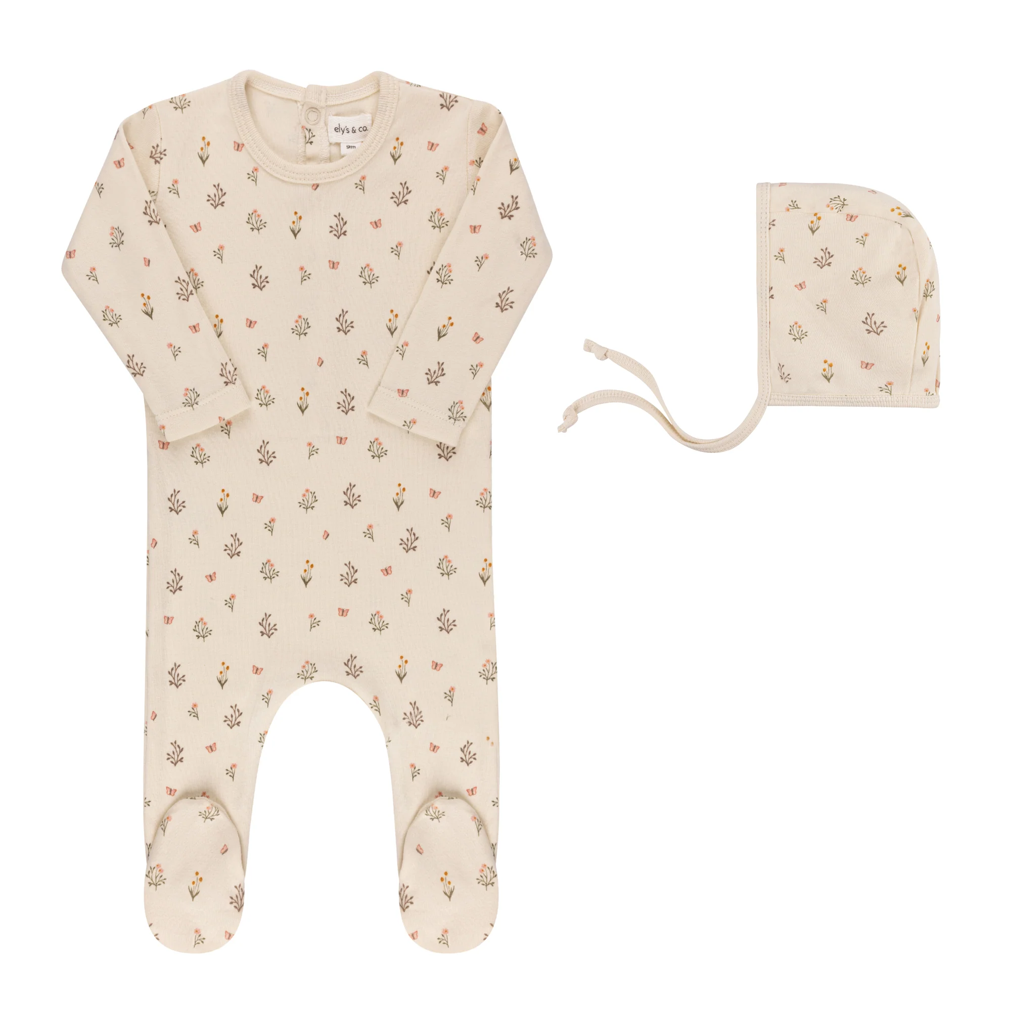 Ely's & Co Garden Floral Print Collection Footie & Bonnet - Ivory Girl