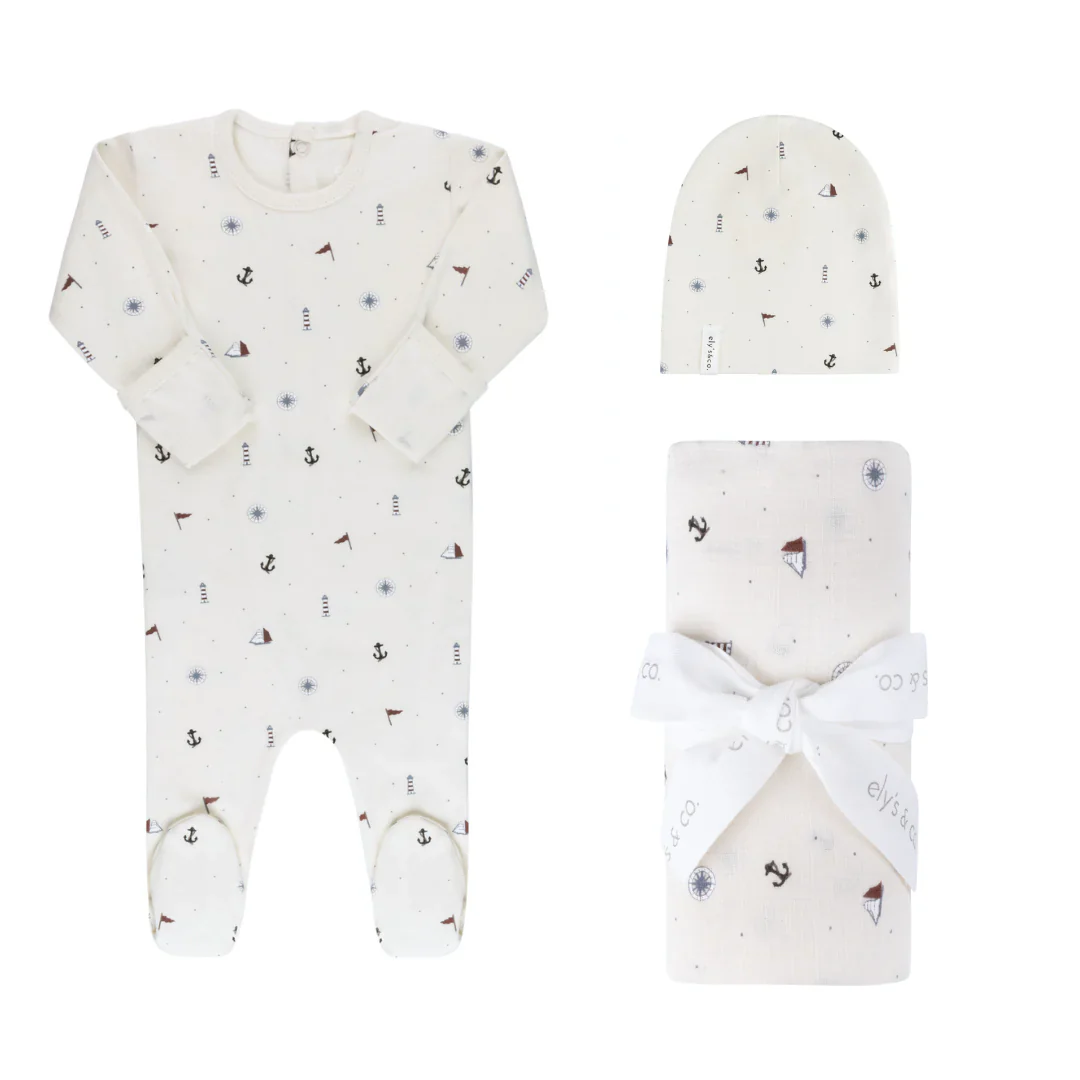Ely's & Co Jersey Cotton Printed Nautical 3Pc Set - Ivory