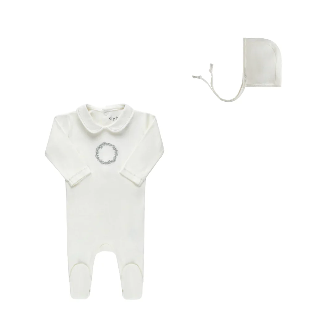 Ely's & Co Jersey Cotton Silver Embroidered Wreath Footie & Hat