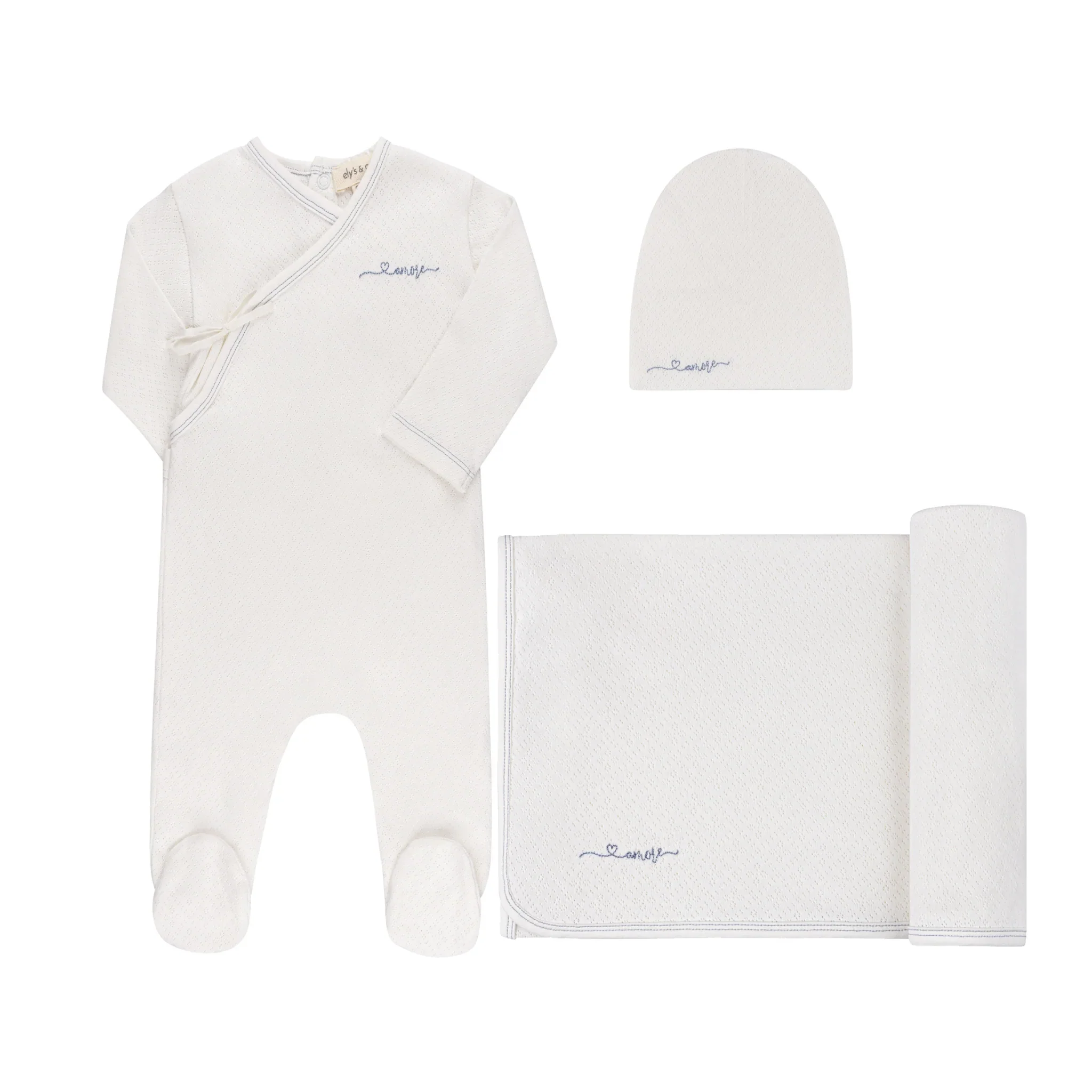 Ely's & Co Organic Amore Pointelle Collection 3PC Layette Set - Ivory/Metallic Blue