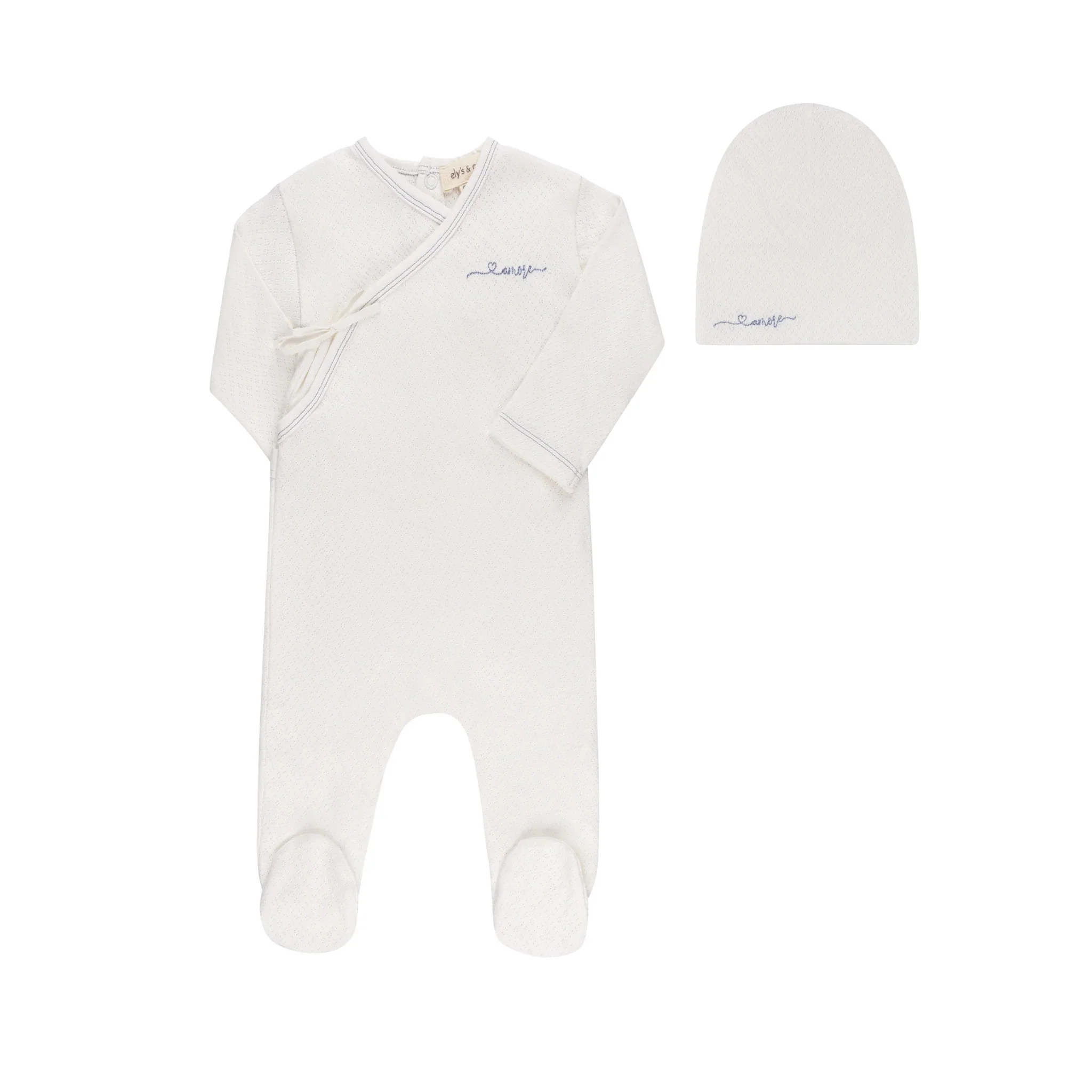 Ely's & Co Organic Amore Pointelle Collection Footie & Beanie - Ivory/Metallic Blue