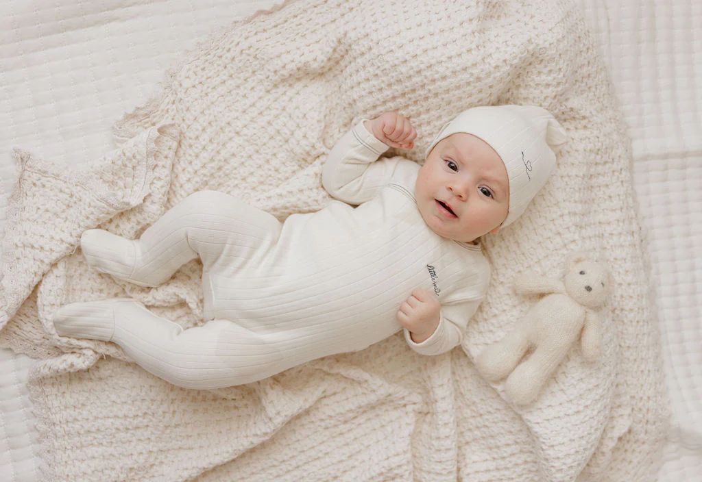 Ely's & Co Organic Cotton Little One Footie & Beanie - Ivory/Blue - Image 3