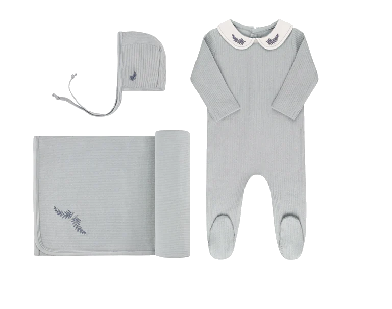 Ely's & Co Organic Embroidered Collar Collection 3PC Layette Set - Blue Leaf