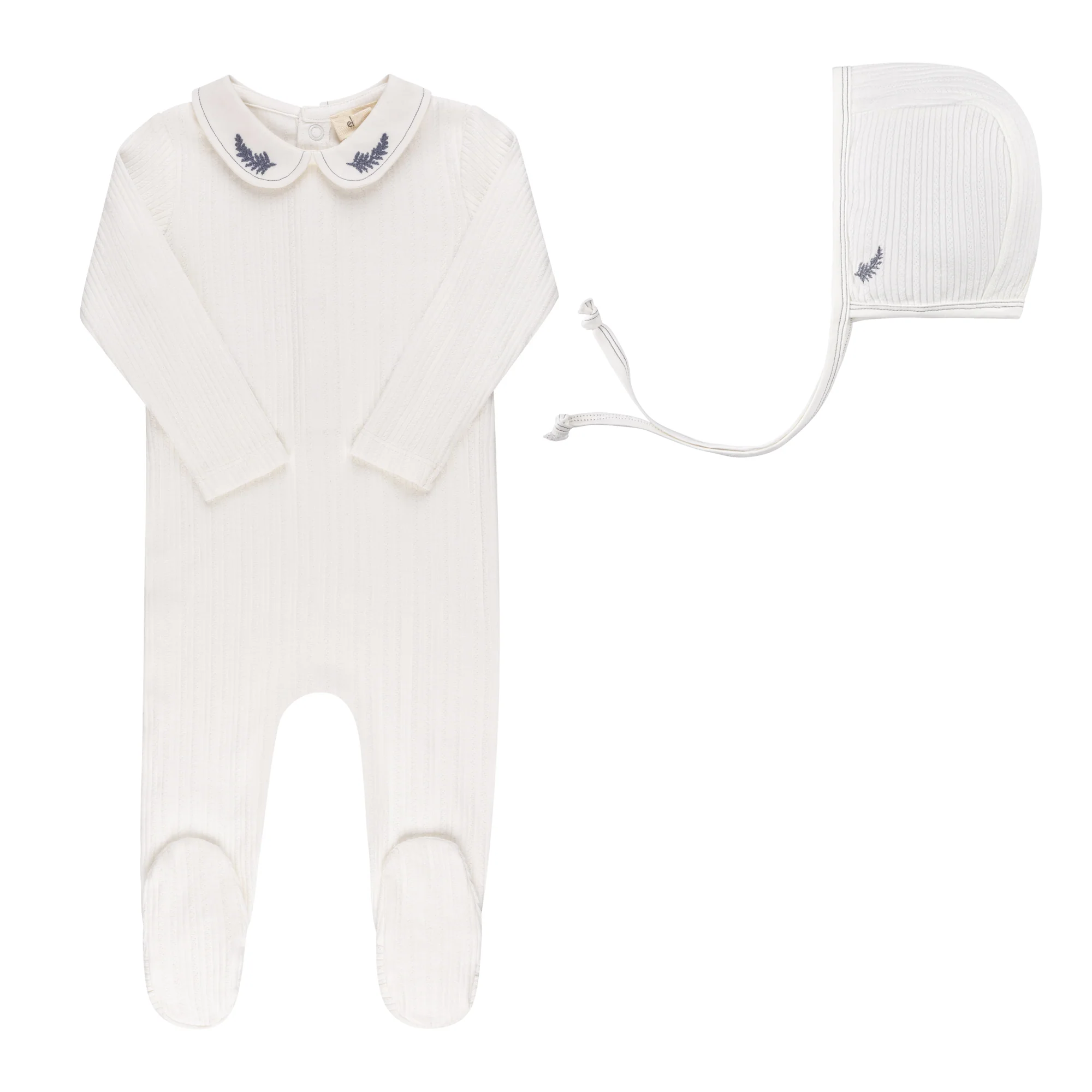 Ely's & Co  Organic Embroidered Collar Collection Footie & Bonnet - Ivory Leaf