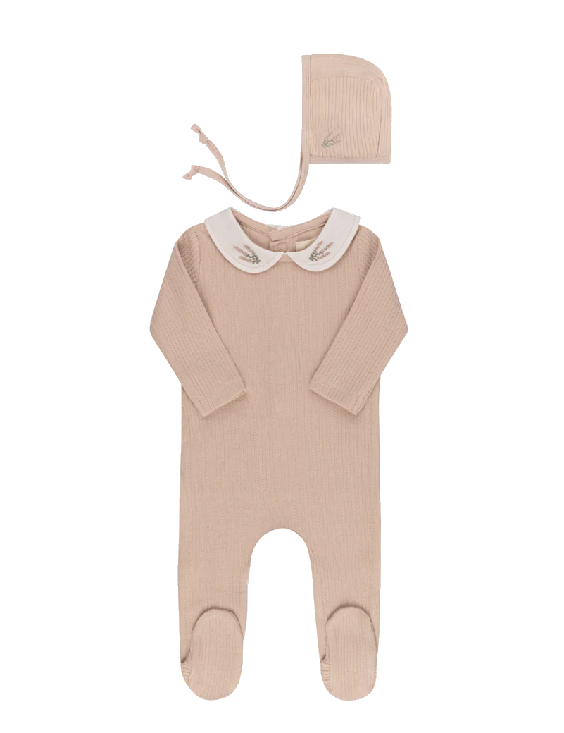 Ely's & Co  Organic Embroidered Collar Collection Footie & Bonnet - Pink Heather