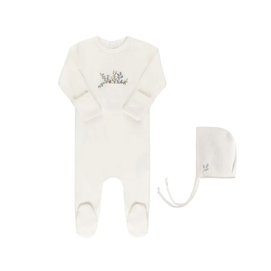 Ely's & Co Rib Cotton - Pocket Full of Flowers Footie & Hat - Leaves/Ivory