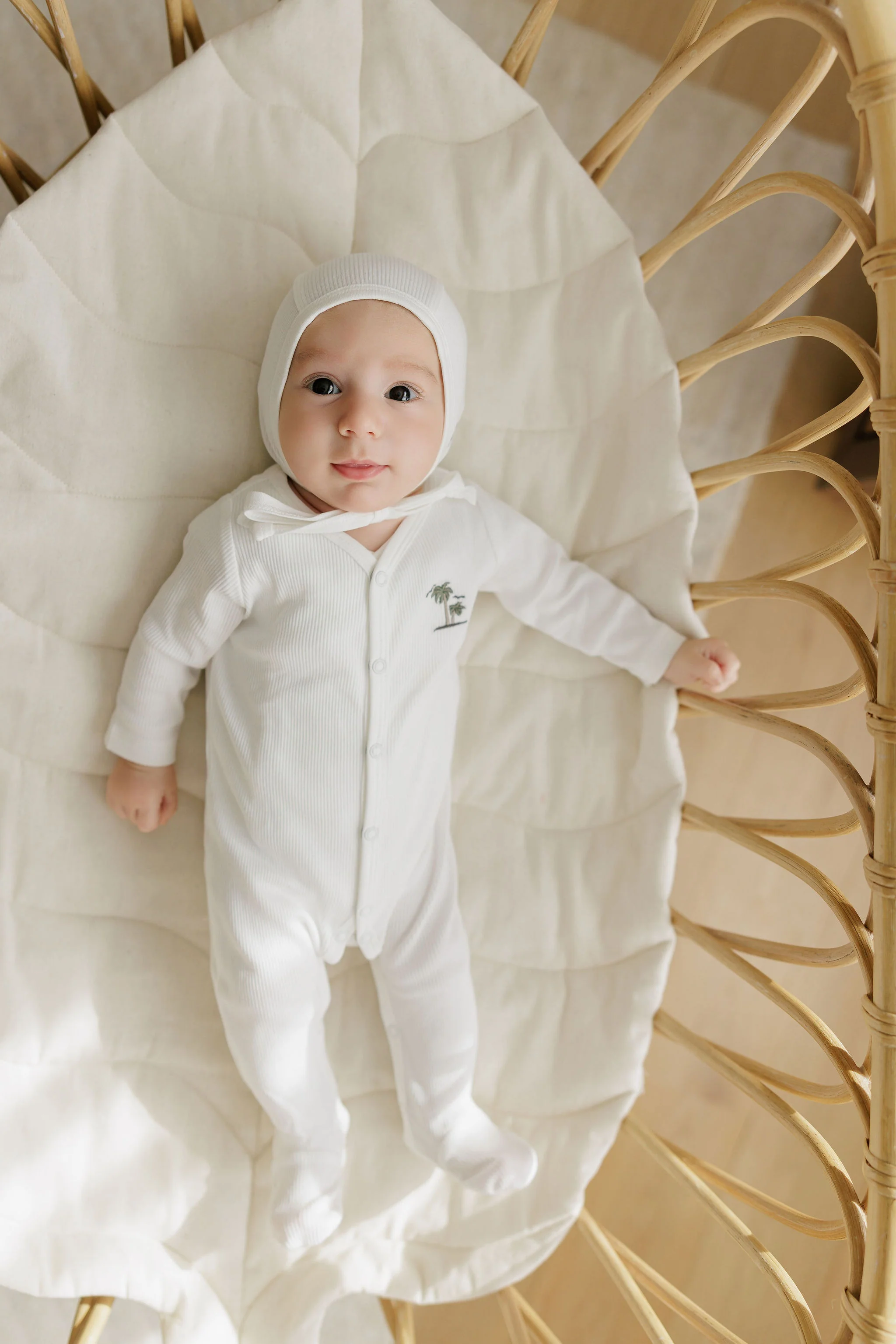 Ely's & Co Ribbed Palm Embroidered Collection Footie And Bonnet - Ivory - Image 2