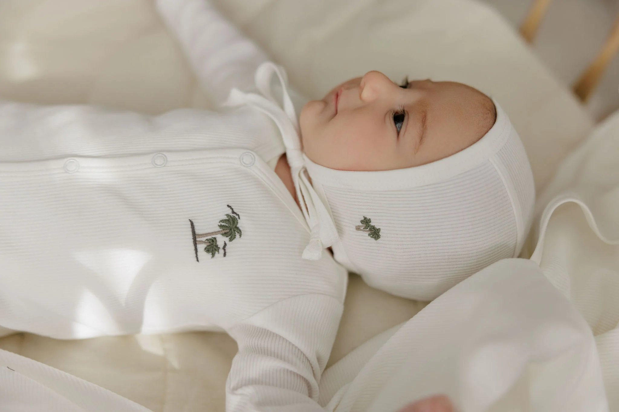 Ely's & Co Ribbed Palm Embroidered Collection Footie And Bonnet - Ivory - Image 3