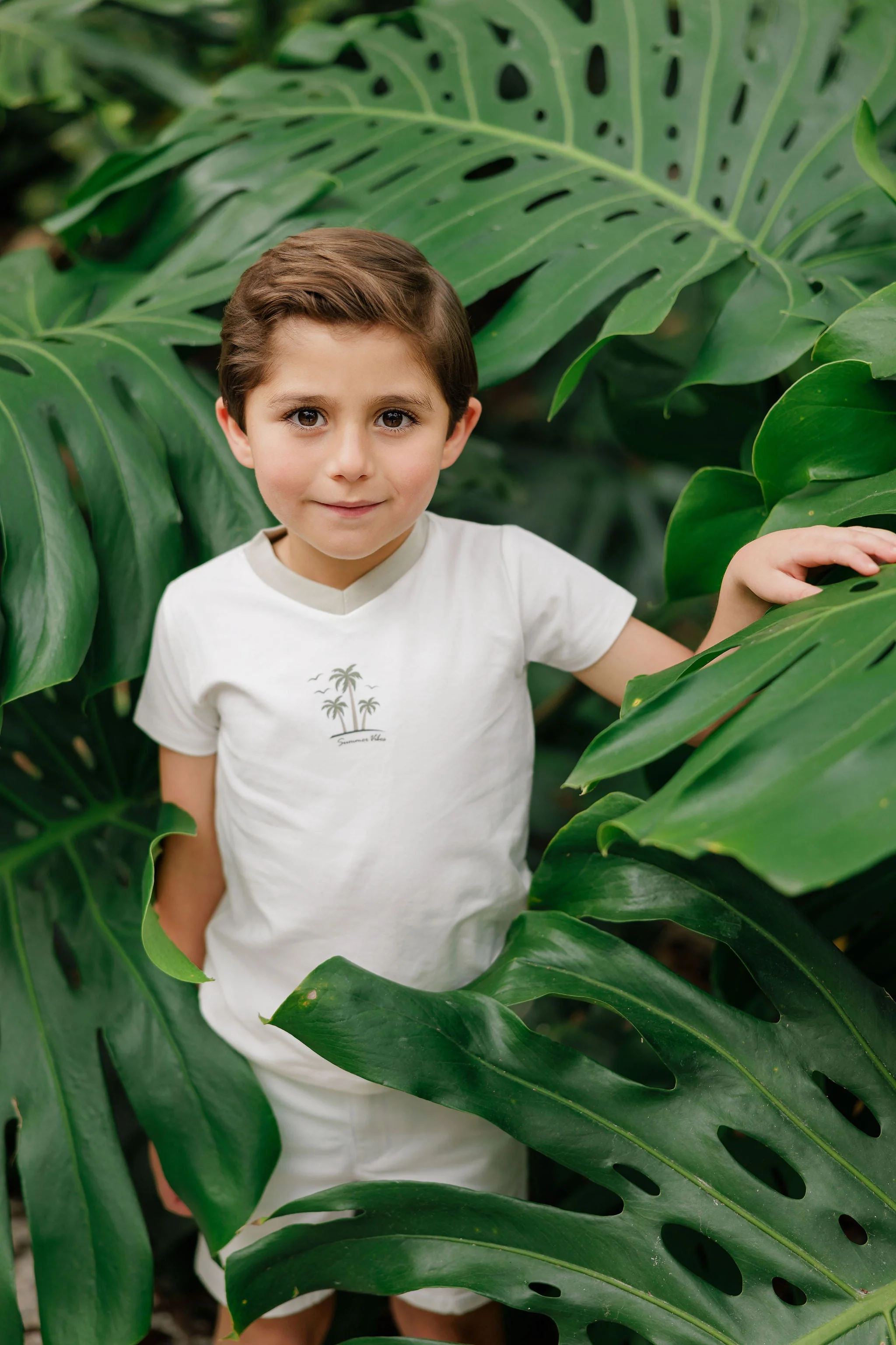 Ely's & Co Ribbed Printed Palm Collection French Terry V-neck Tee - Ivory - Image 3