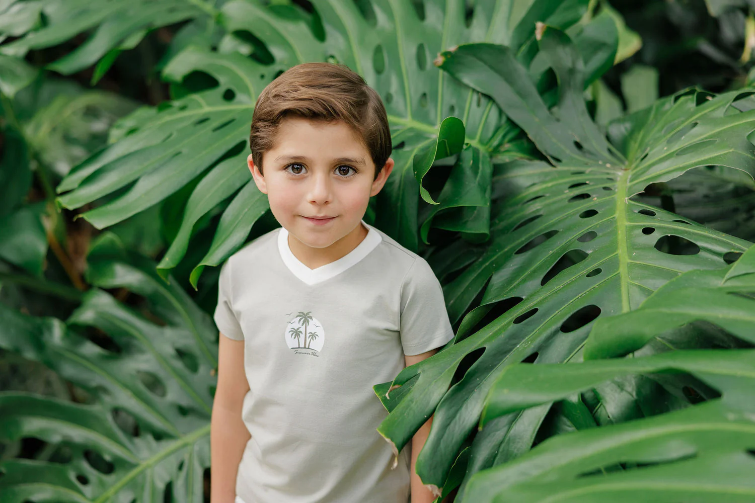 Ely's & Co Ribbed Printed Palm Collection French Terry V-neck Tee - Sage - Image 2