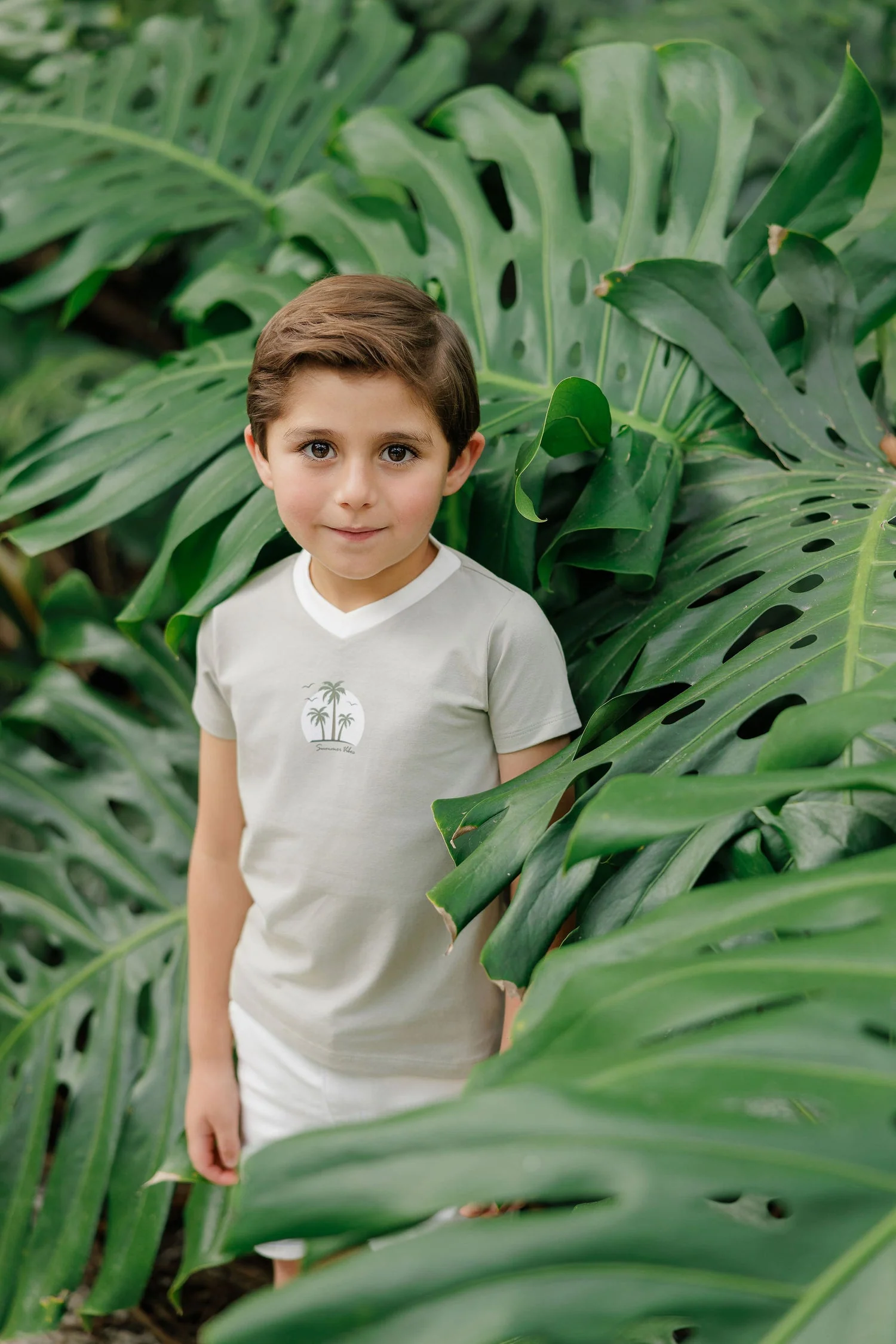 Ely's & Co Ribbed Printed Palm Collection French Terry V-neck Tee - Sage - Image 3