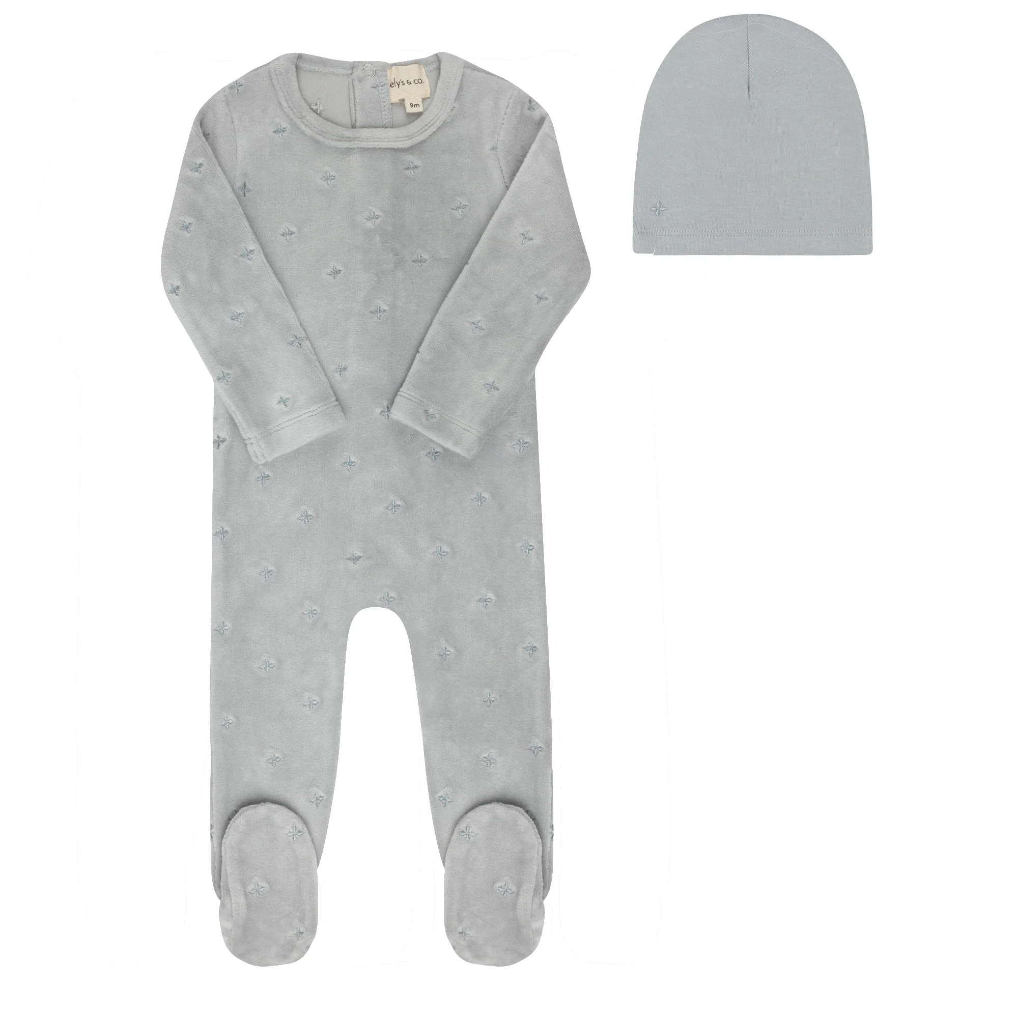 Ely's & Co Velour Embroidered Floral Collection Footie And Beanie - Blue