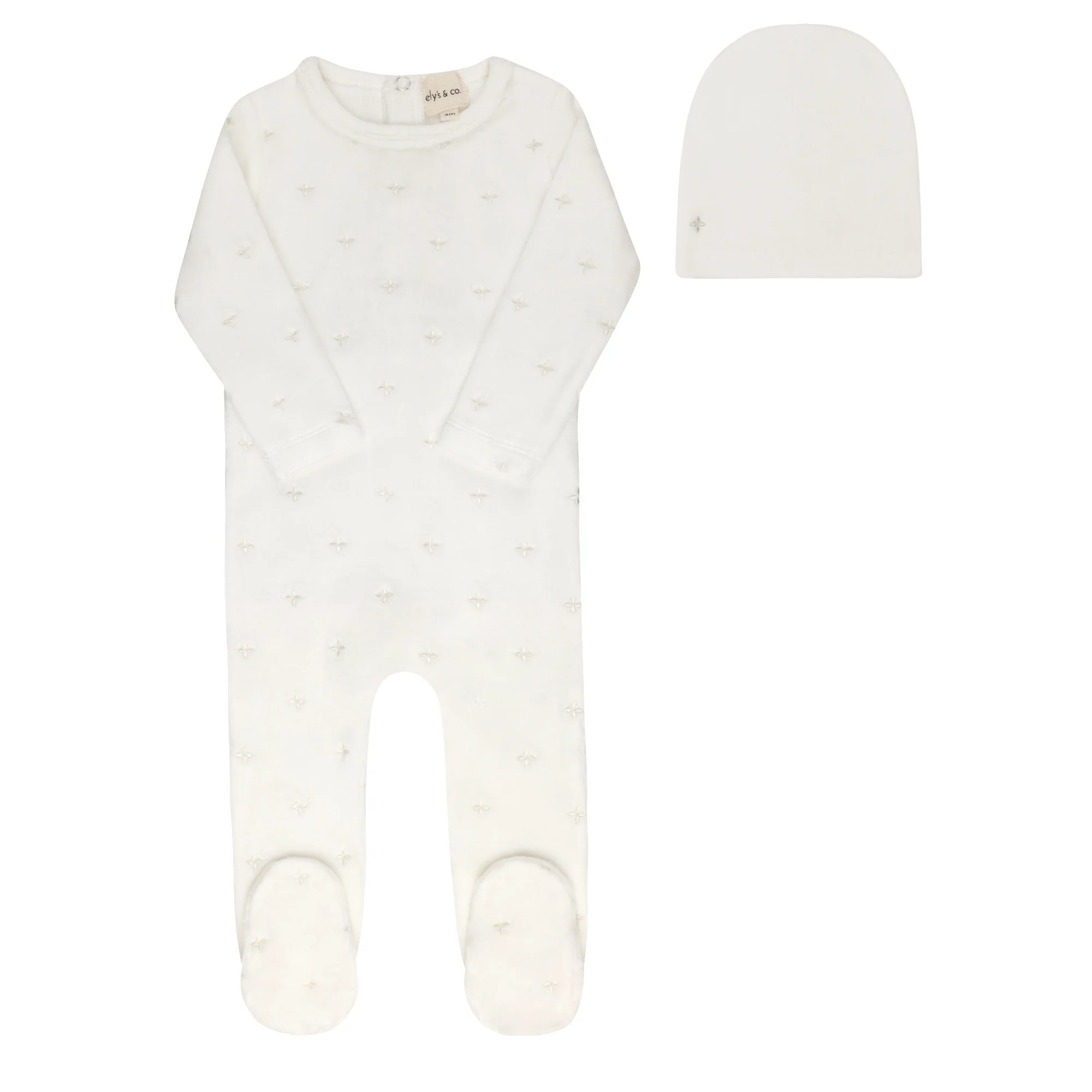 Ely's & Co Velour Embroidered Floral Collection Footie And Beanie - Ivory Boys
