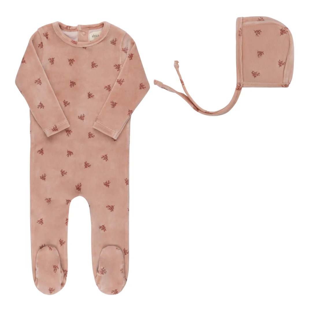 Ely's & Co Velour Leaf Pattern Collection Footie And Bonnet - Pink