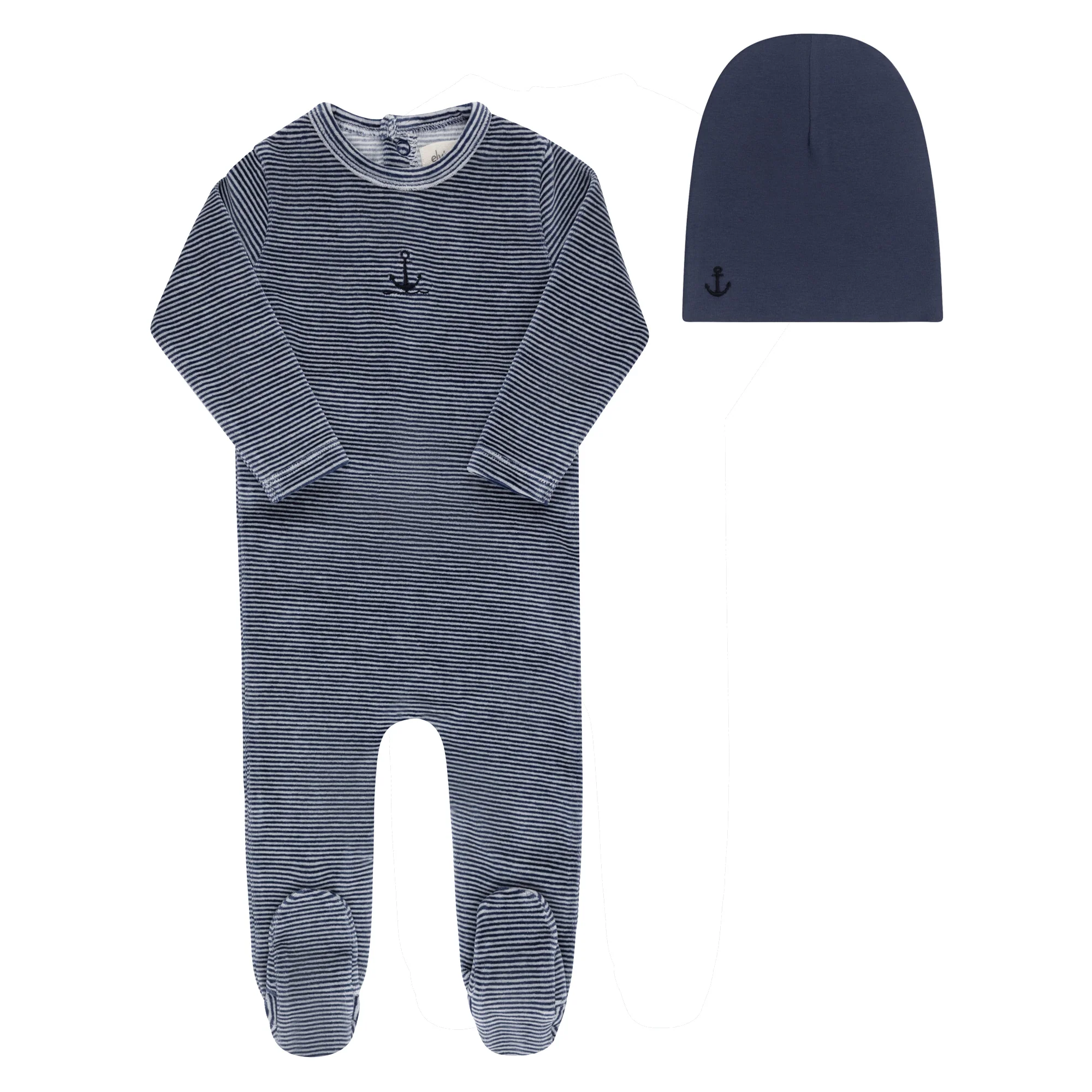 Ely's & Co Velour Stripe Collection Footie And Beanie - Dark Blue