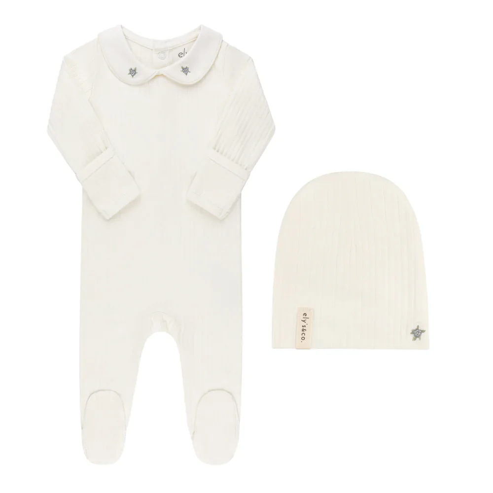 Ely's & Co Wide Rib Cotton - Wide Rib Rosebud Footie And Beanie - Blue/Ivory