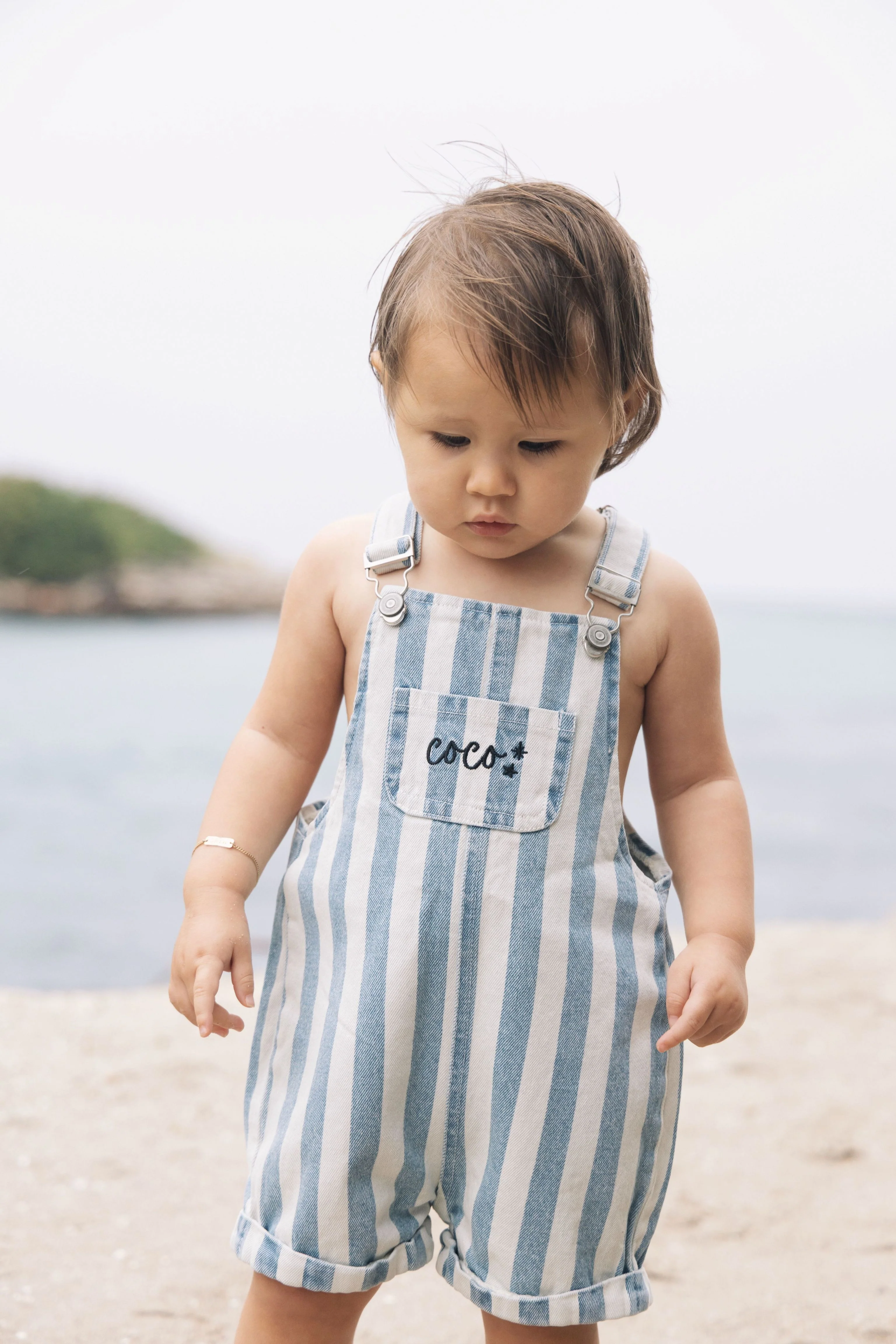 Farren & Me Short Cuffed Overalls - Light Denim Stripes - Image 2