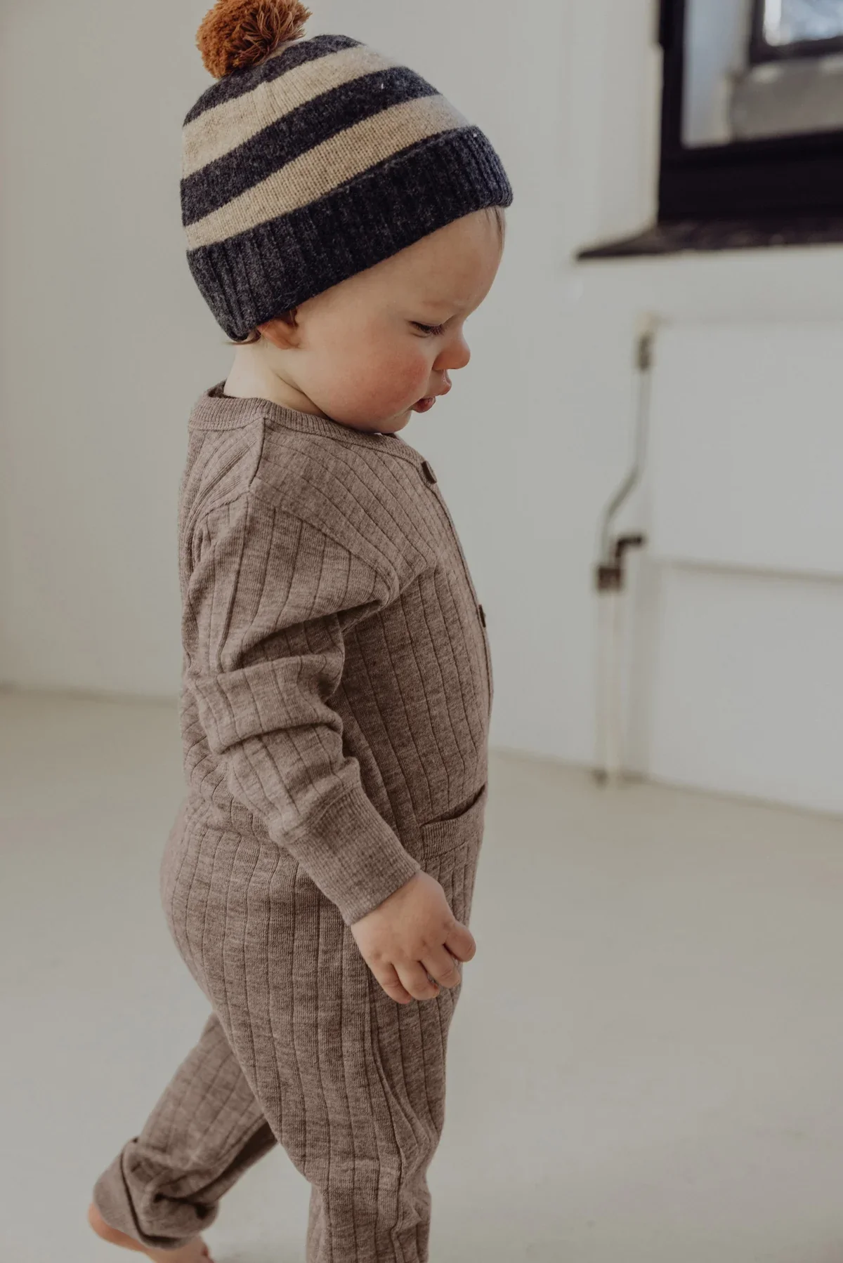 Finch & Fable - Wool Rib Playsuit and Bonnet - Sand RUNS BIG - Image 2