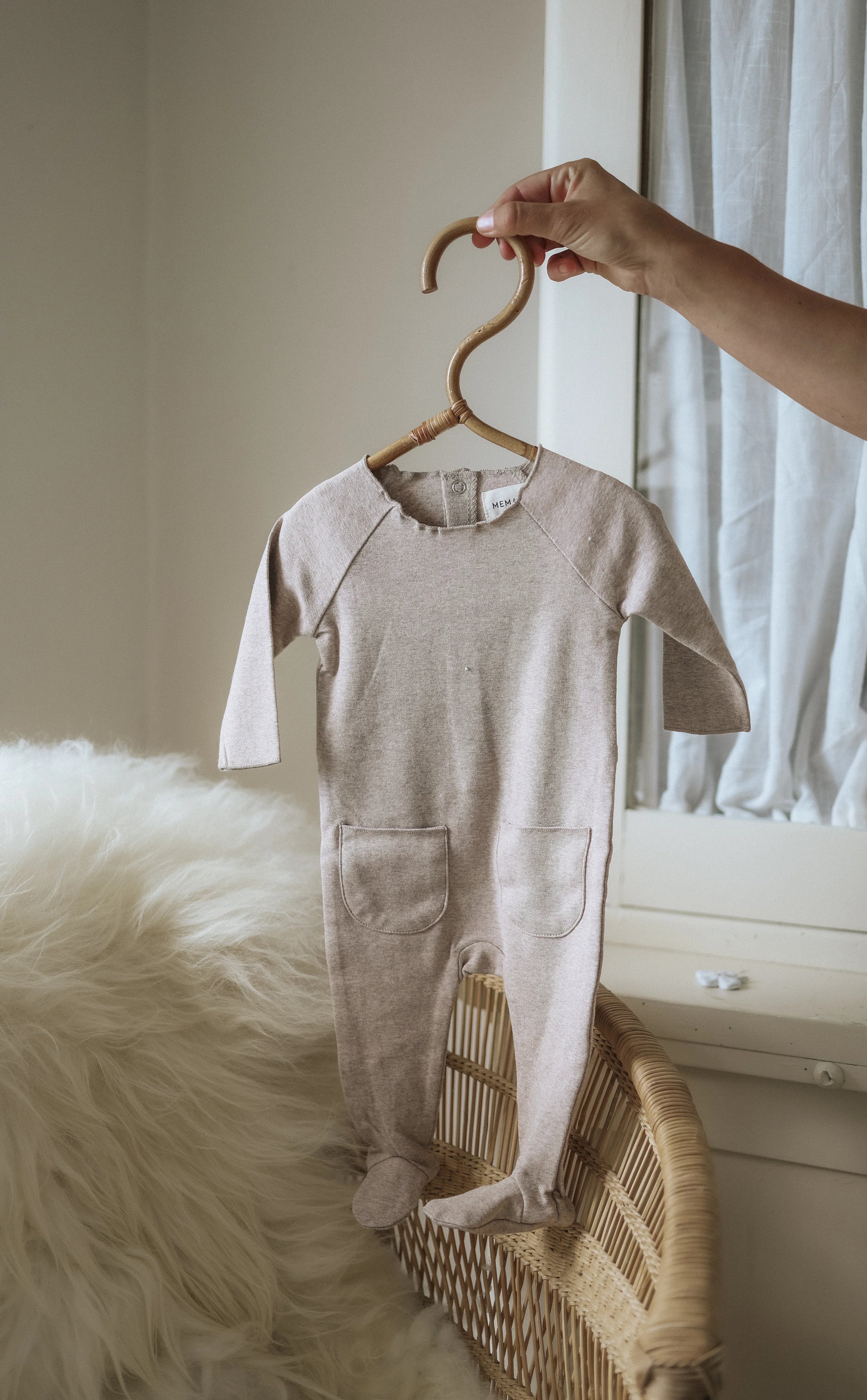 Mema Knits Heathered Roll Neck Footie + Bonnet - Oatmeal - Image 3
