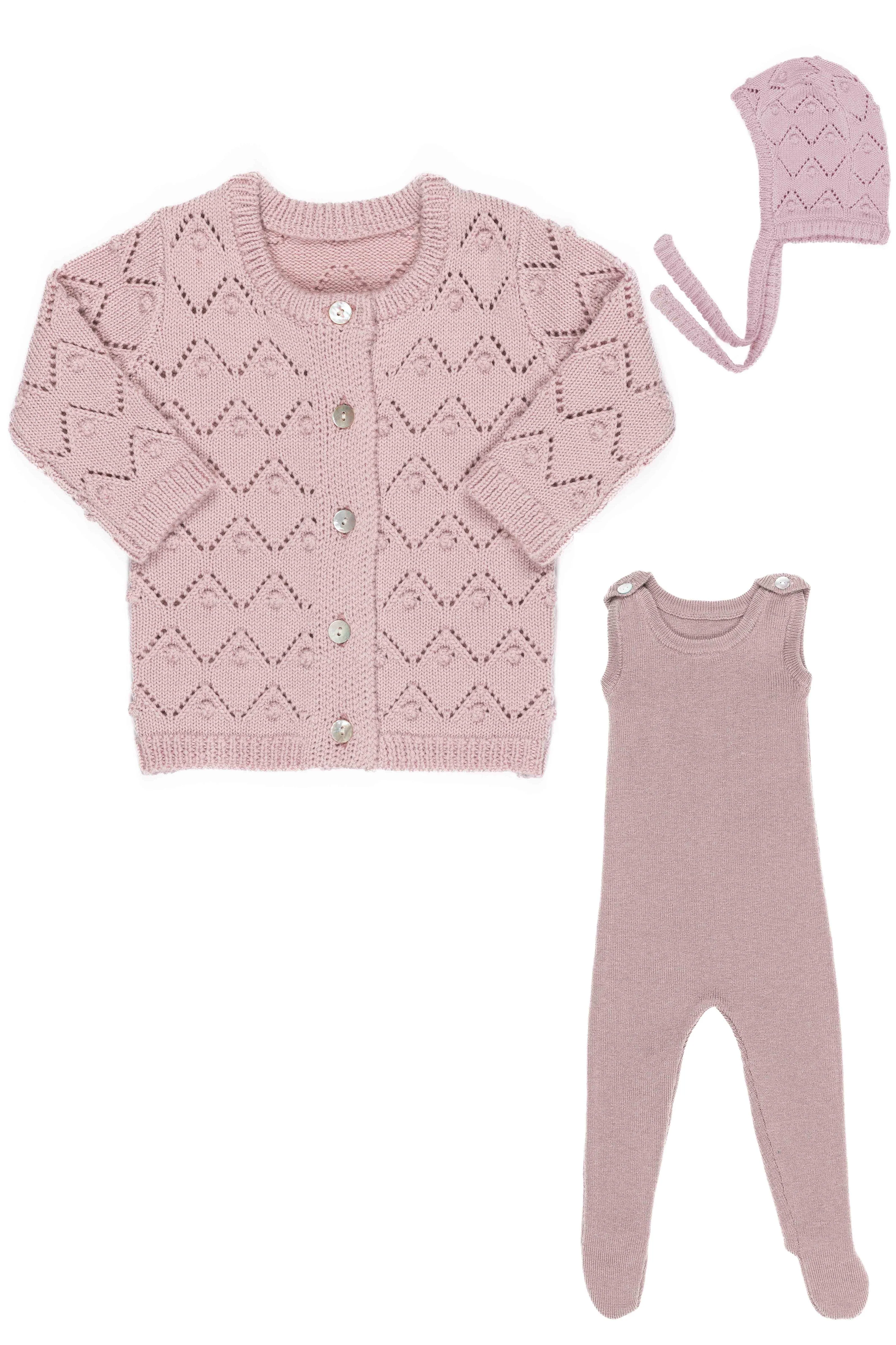 Kipp Rib Knit Overalls, Chunky Pointelle Cardigan & Bonnet Set - Pink