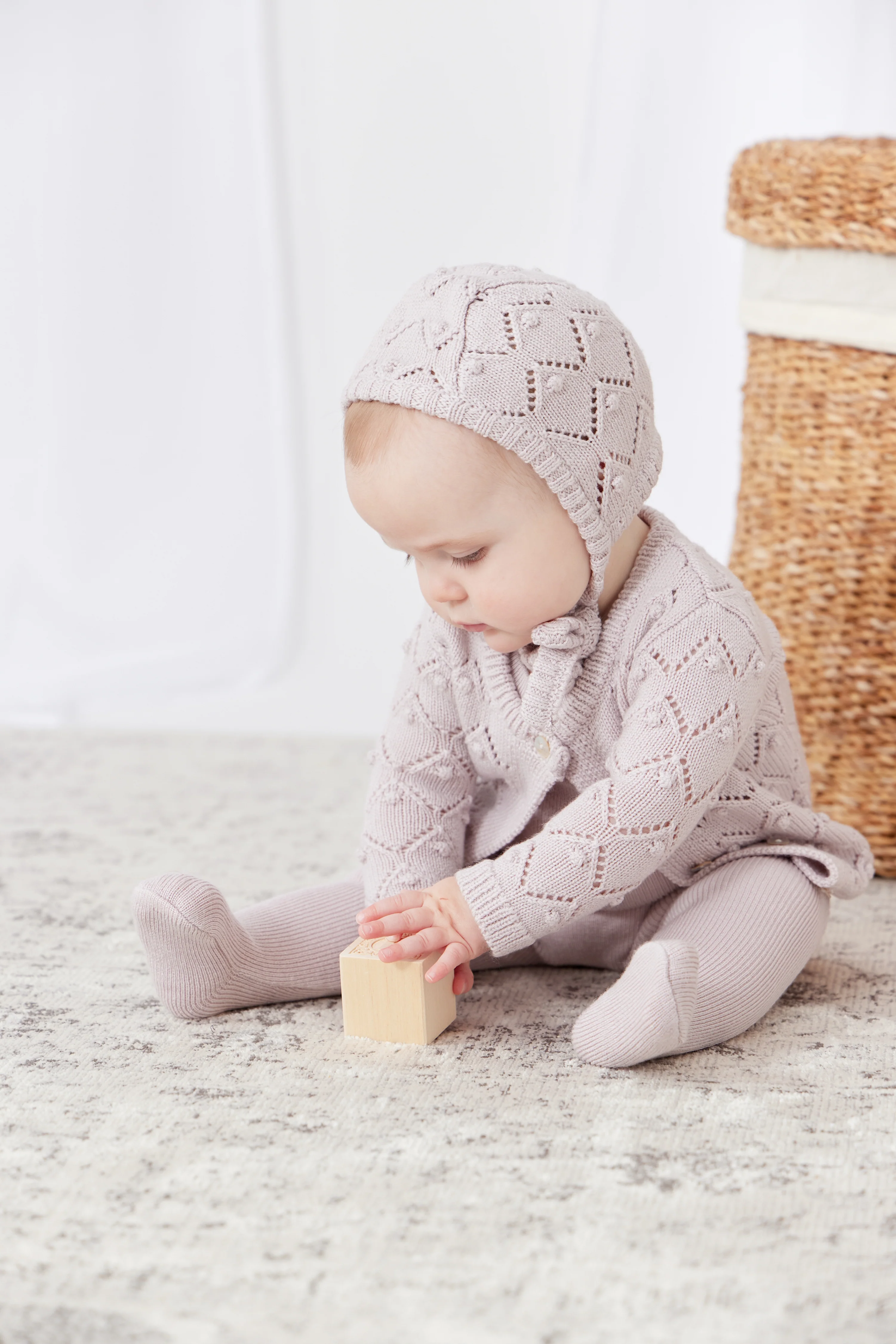 Kipp Rib Knit Overalls, Chunky Pointelle Cardigan & Bonnet Set - Pink - Image 2
