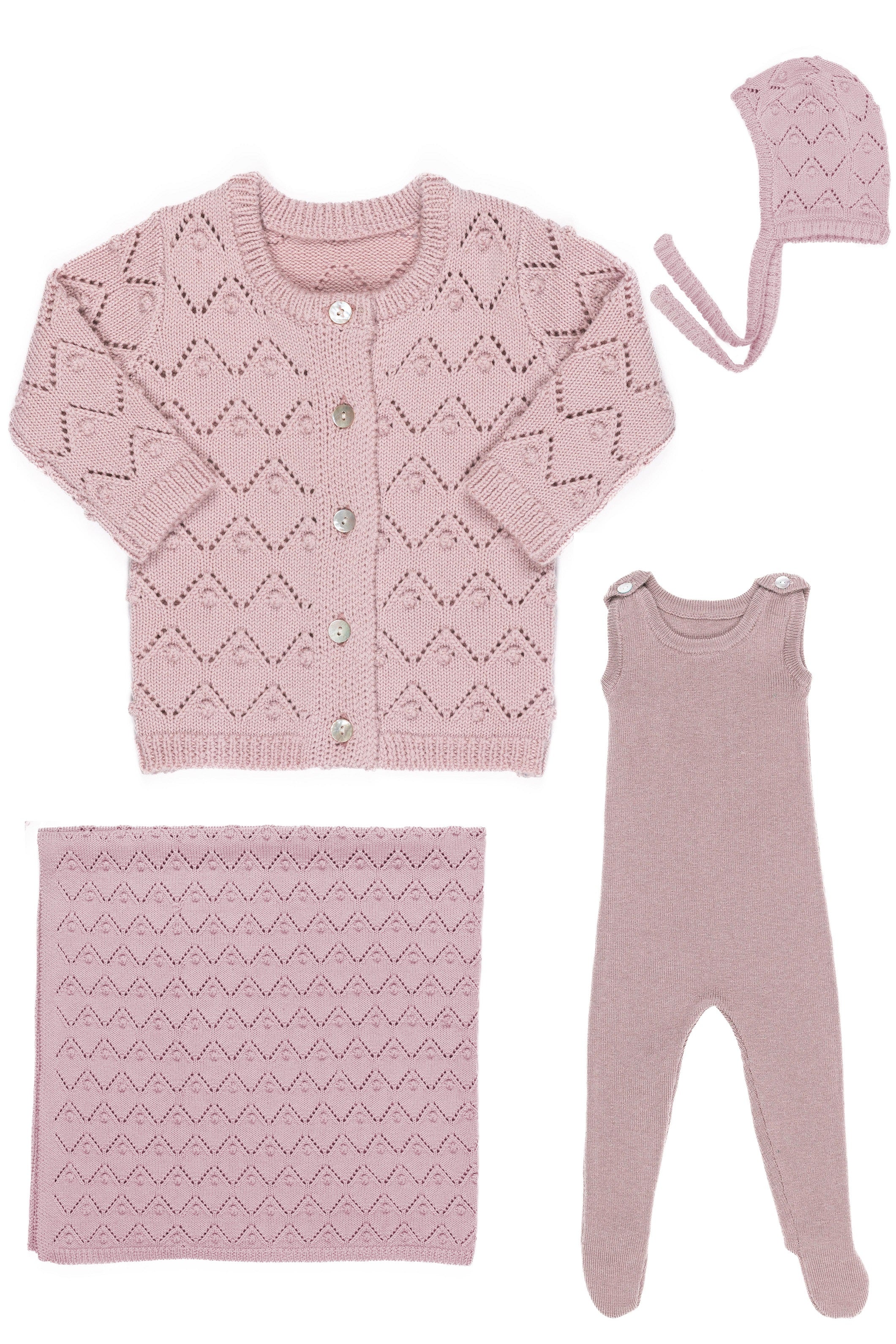 Kipp Rib Knit Overalls, Chunky Pointelle Cardigan & Bonnet W Blanket - Pink