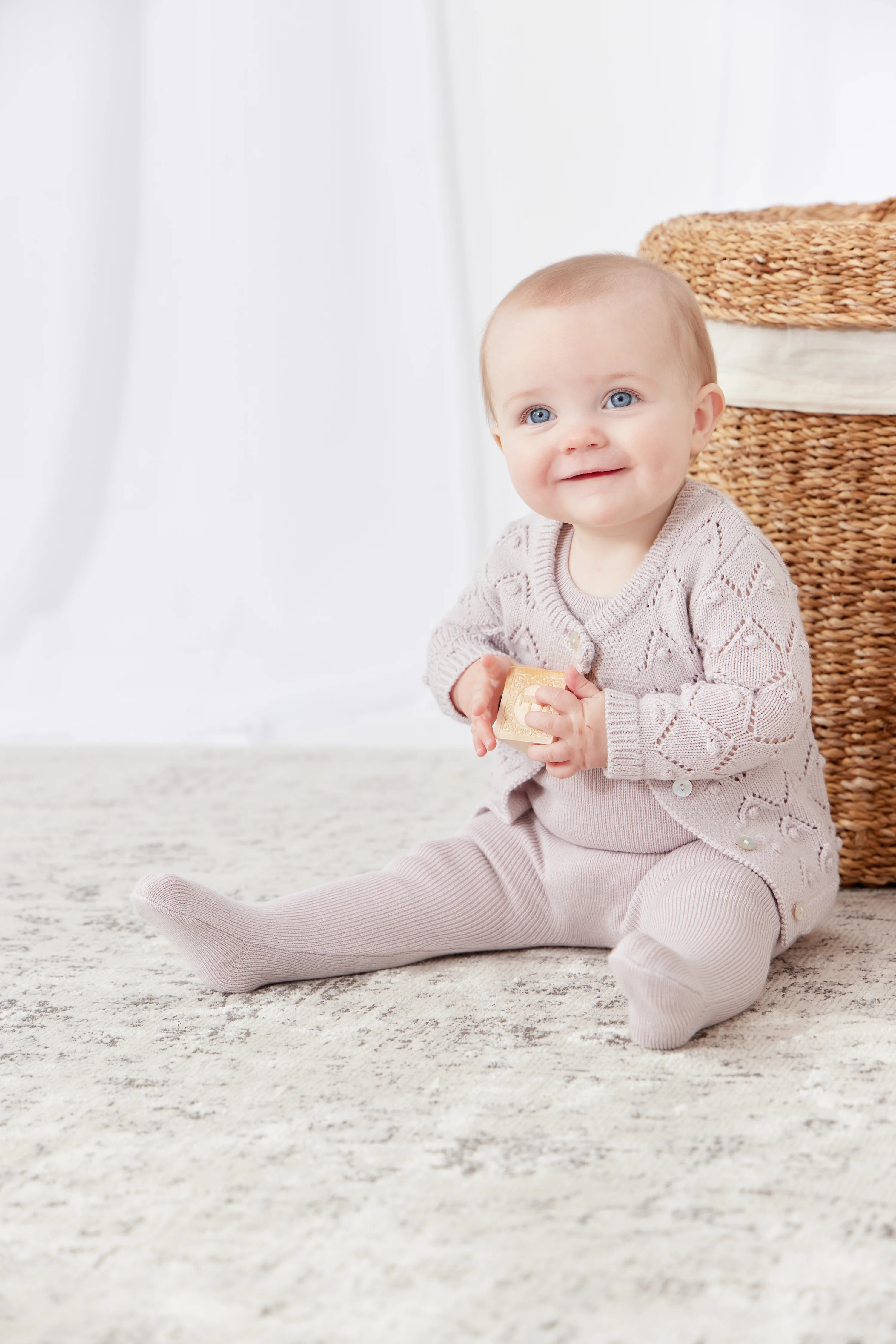 Kipp Rib Knit Overalls, Chunky Pointelle Cardigan & Bonnet W Blanket - Pink - Image 3