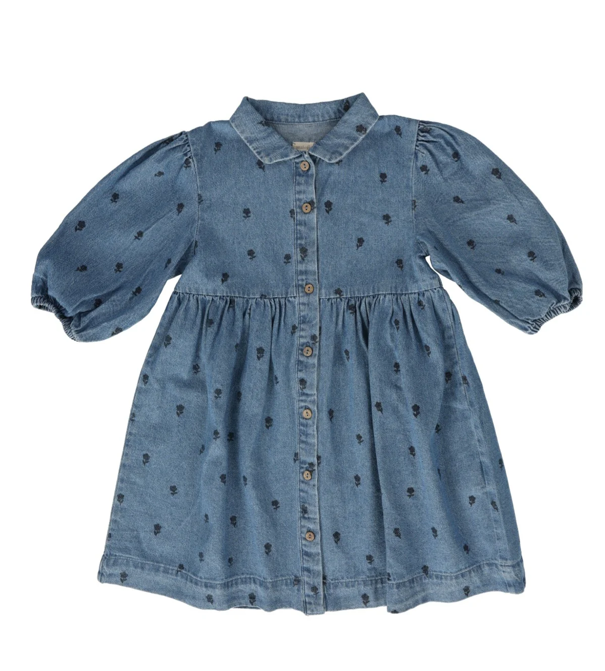 Lil Legs Floral Print Dress Three Quarter Sleeve -Denim