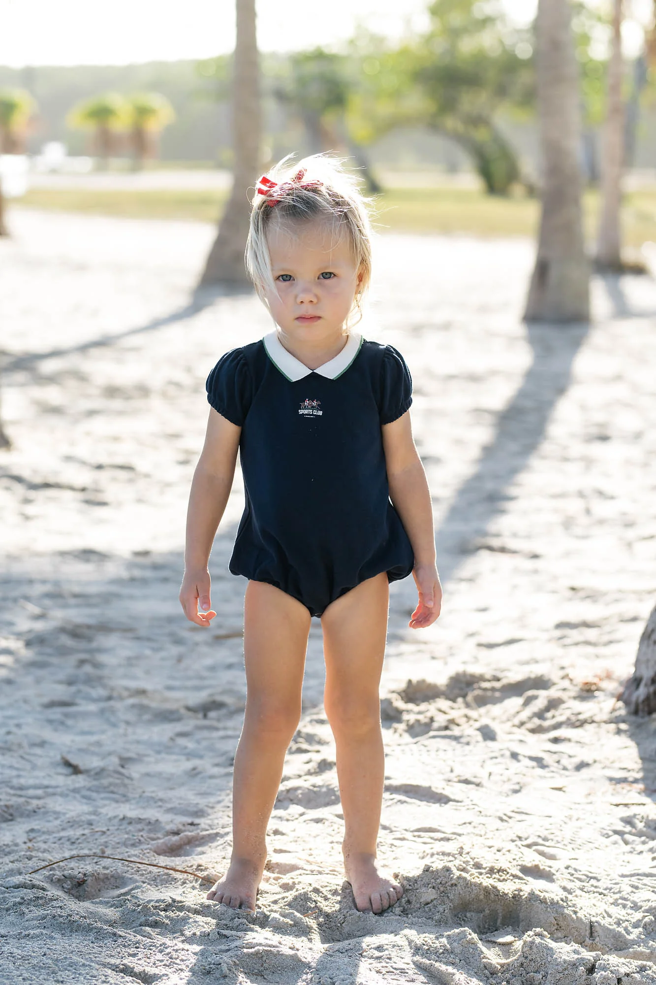 Lil Legs Puff Sleeve Polo Romper - Navy - Image 2