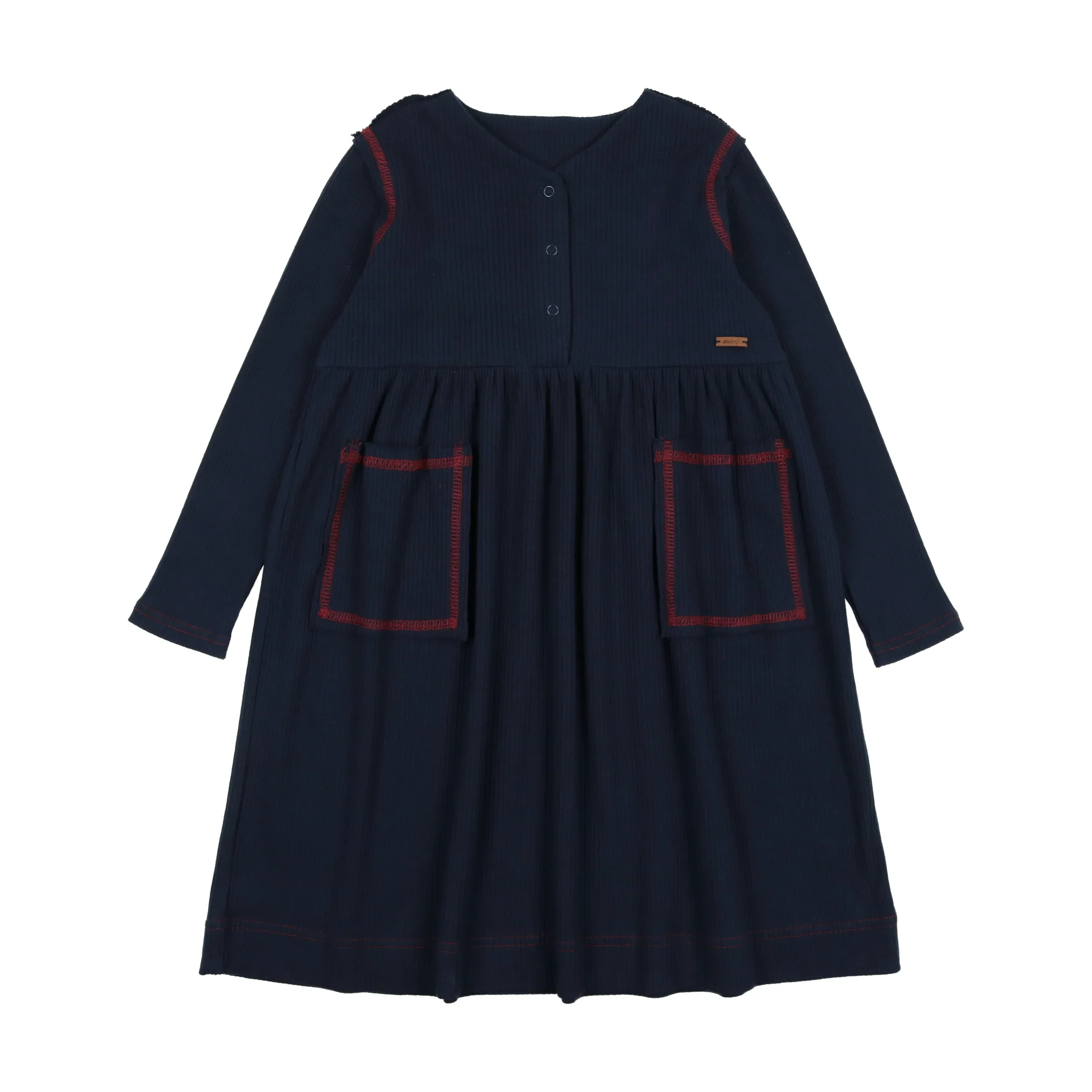 Lil Legs Ribbed Placket Dress - Navy / Red