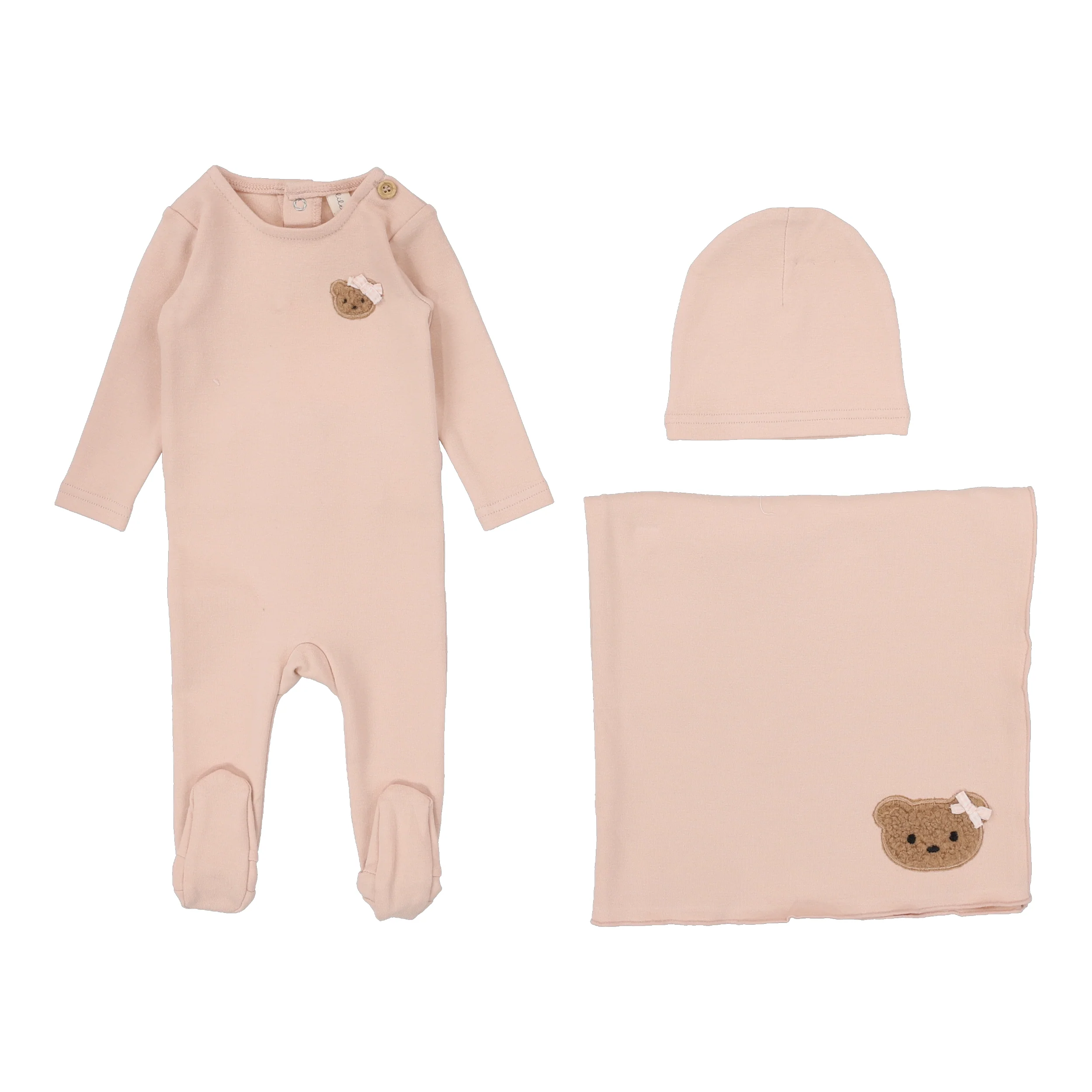 Lilette Bear Applique Layette Set - Dusty Pink
