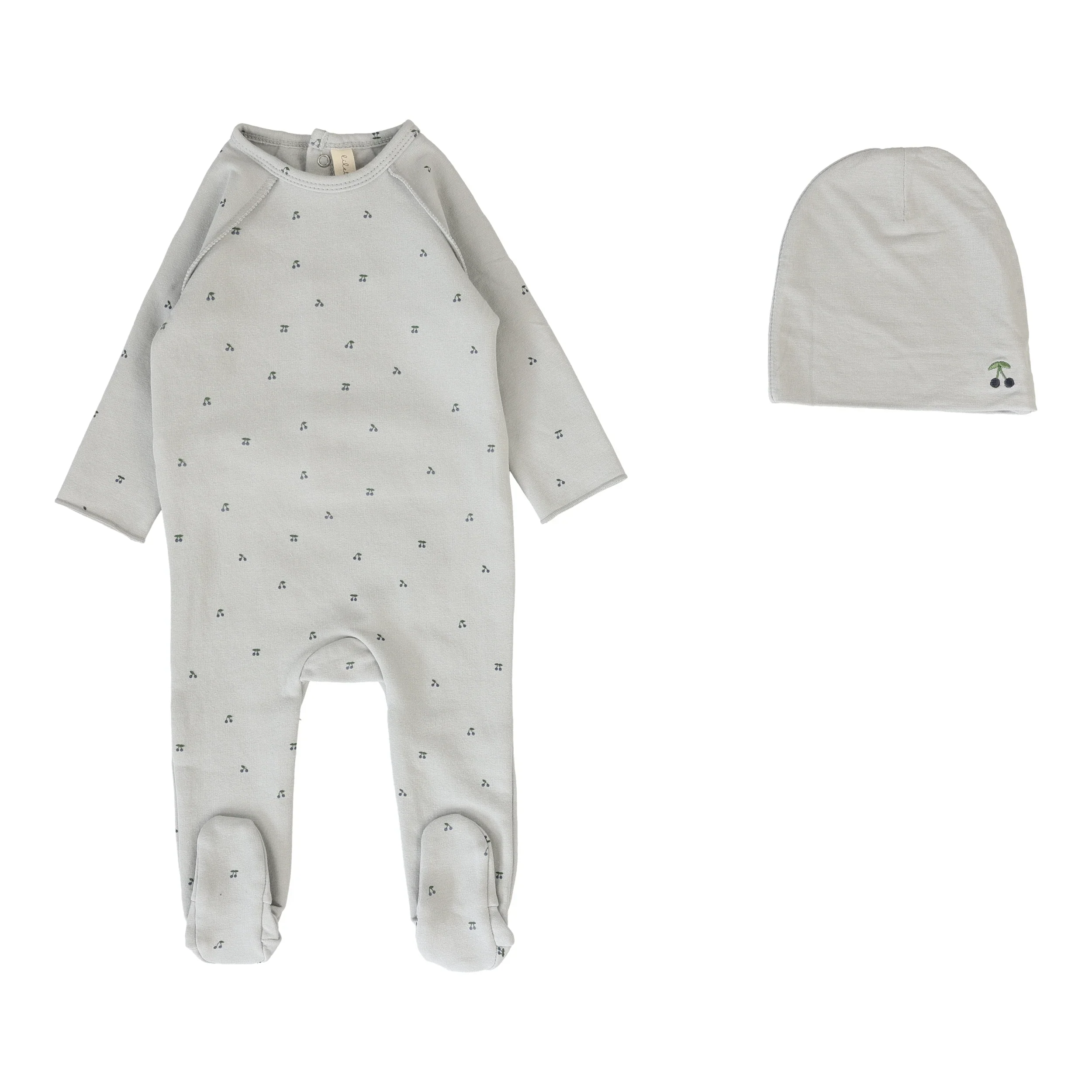 Lilette Cherry Print Footie And Hat - Pale Blue