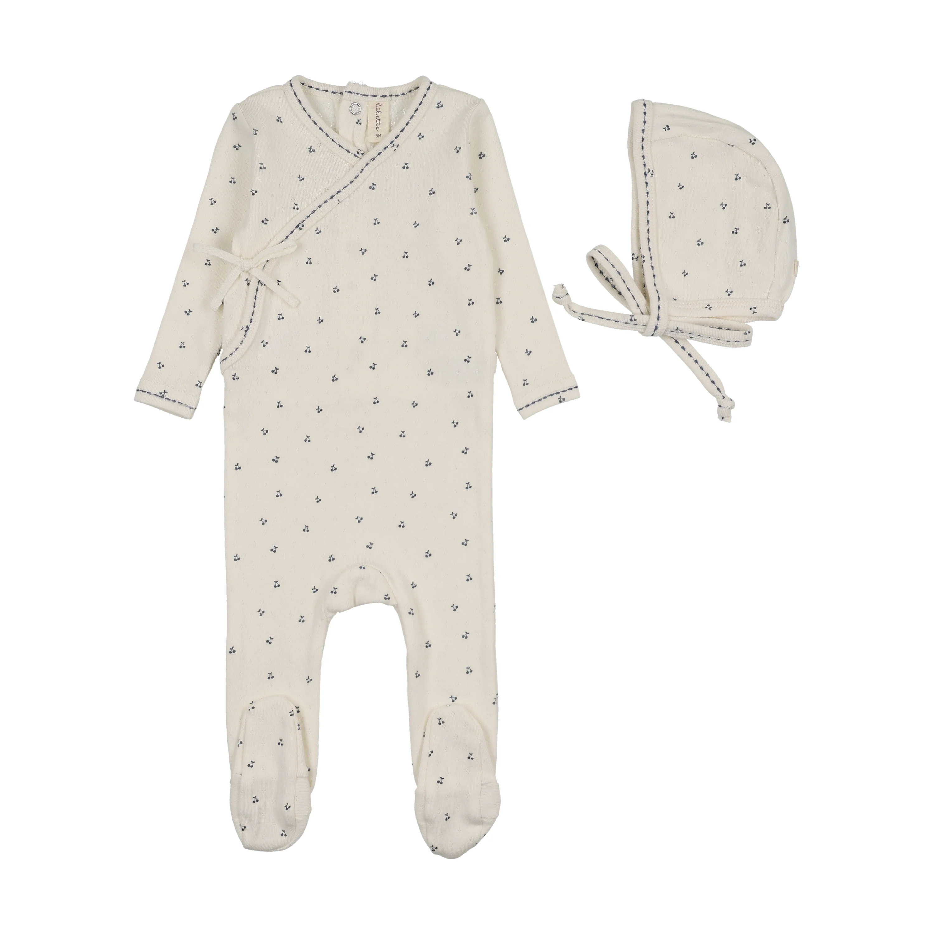 Lilette Cherry Scallop Footie And Hat Set - Cream/Blue