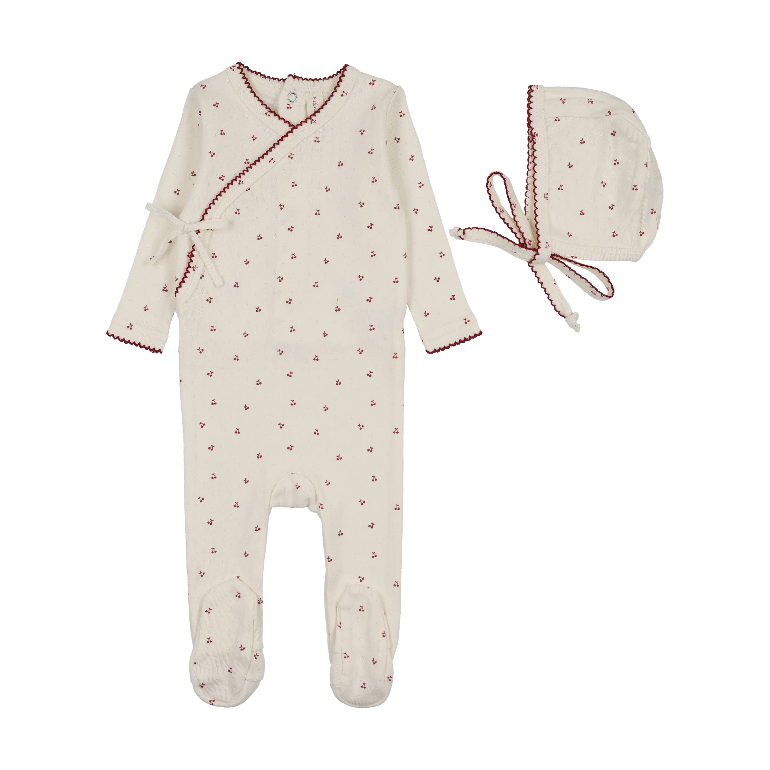 Lilette Cherry Scallop Footie And Hat Set - Cream/Pink