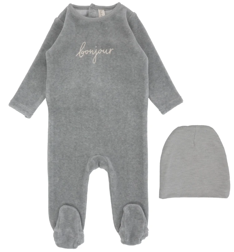 Lilette Velour Bonjour Footie & Beanie Set - Heathered Blue