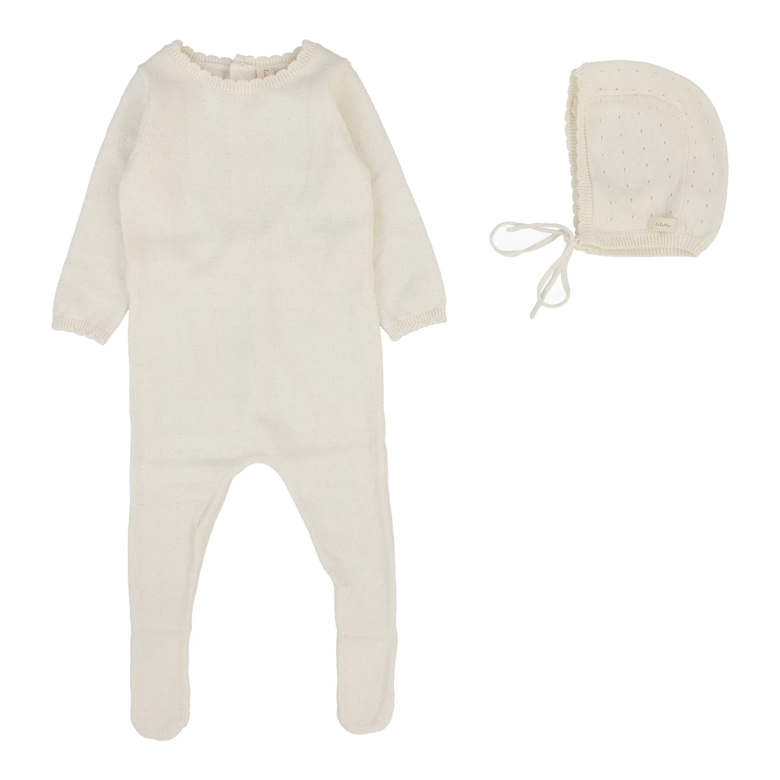 Lilette Dotty Knit Footie And Hat - Cream