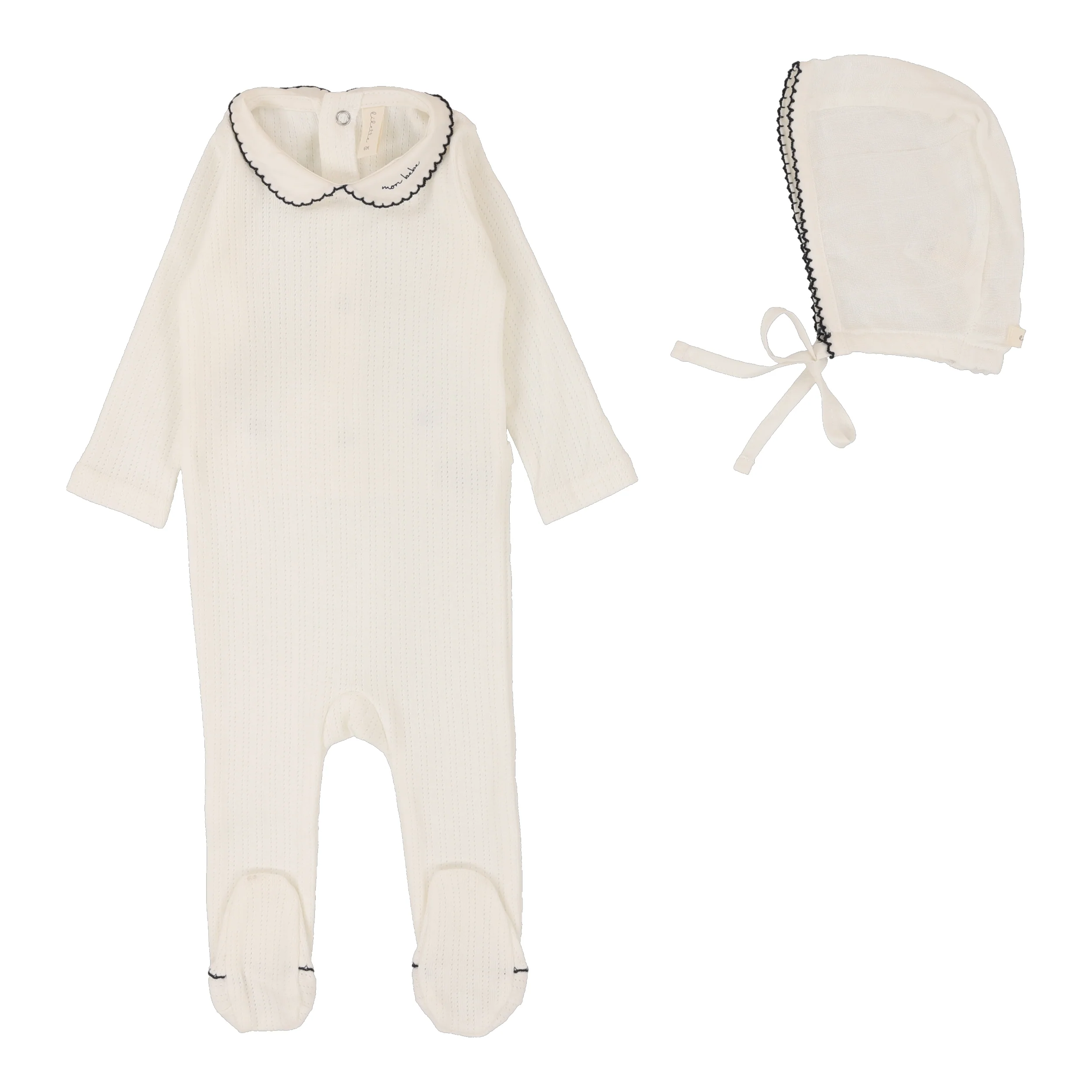 Lilette Edged Collar Footie & Bonnet - Winter White/Navy