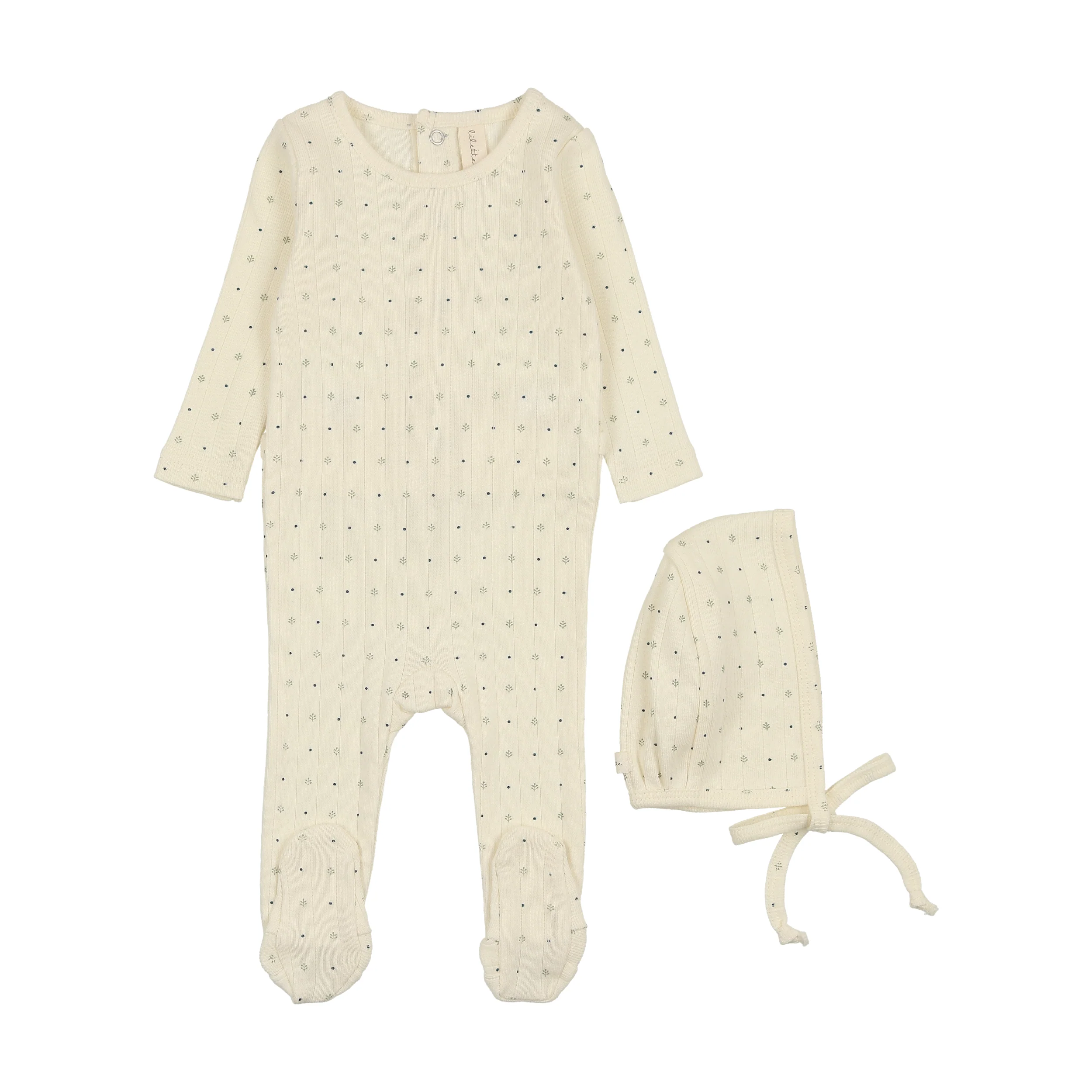 Lilette Linear Printed Footie & Bonnet - Cream/Navy Dot