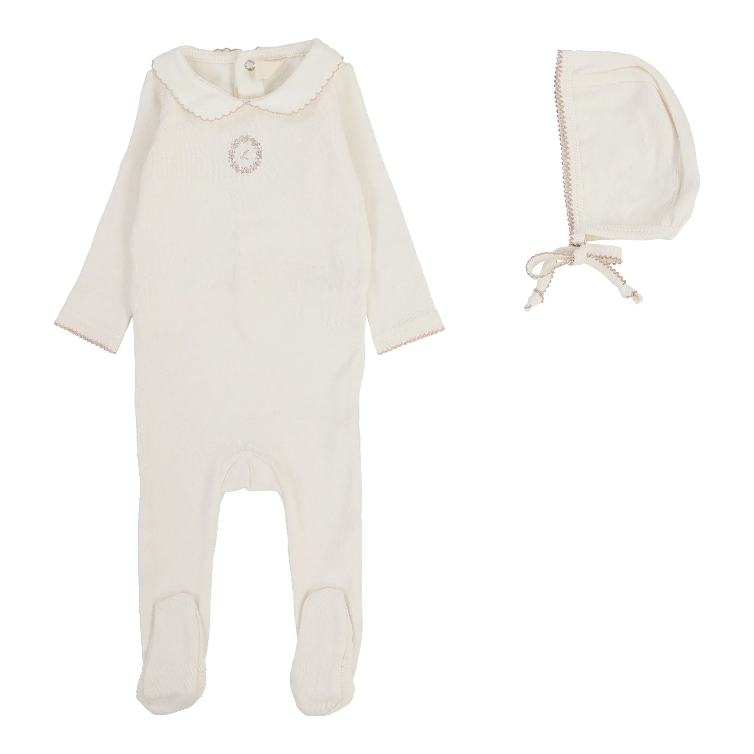Lilette Emblem Embroidered Footie and Hat - Cream/Pink