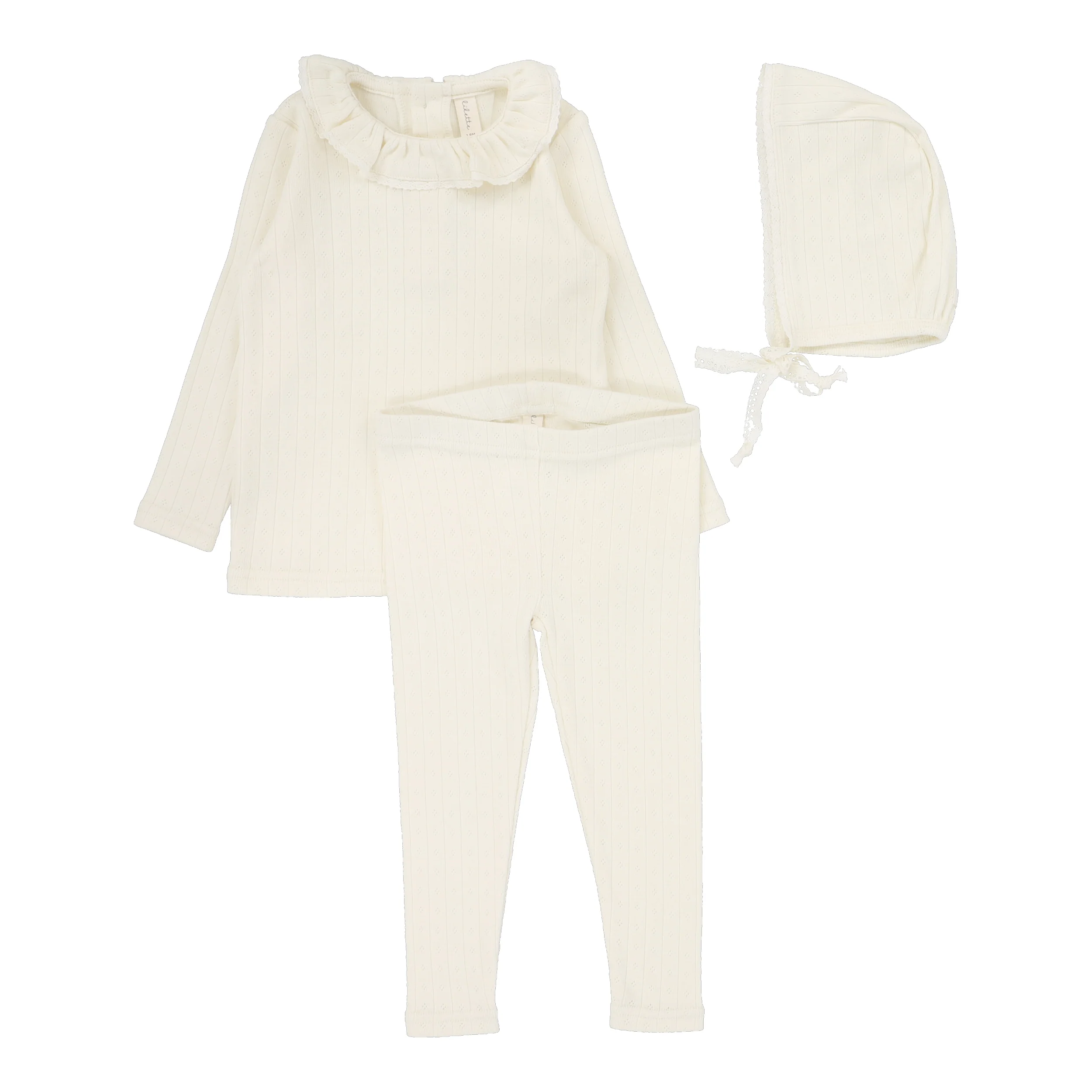 Lilette Fine Pointelle Collar Set And Bonnet - Cream Ruffle