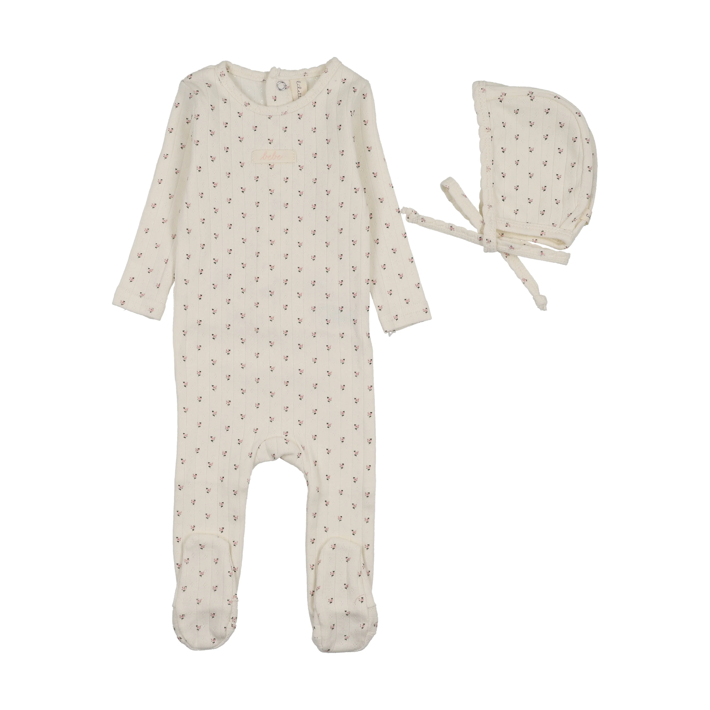 Lilette Floret Print Footie And Hat Set - Cream/Pink