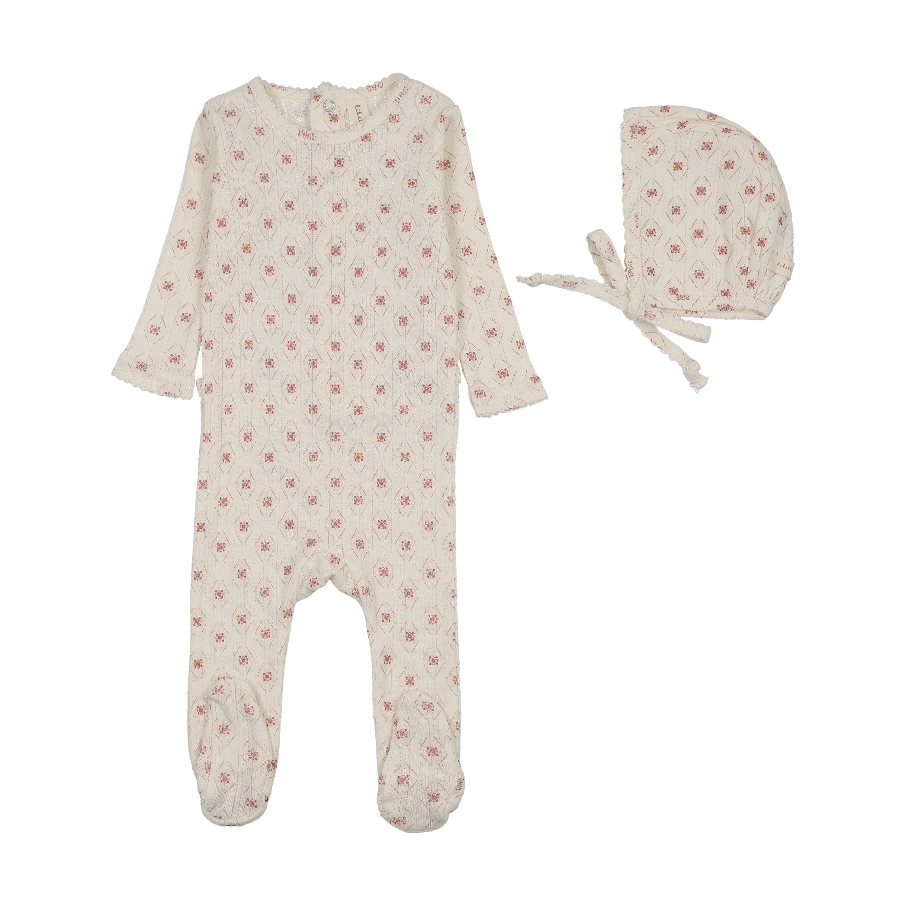 Lilette Geo Floral Printed Footie And Hat Set - Cream/Pink