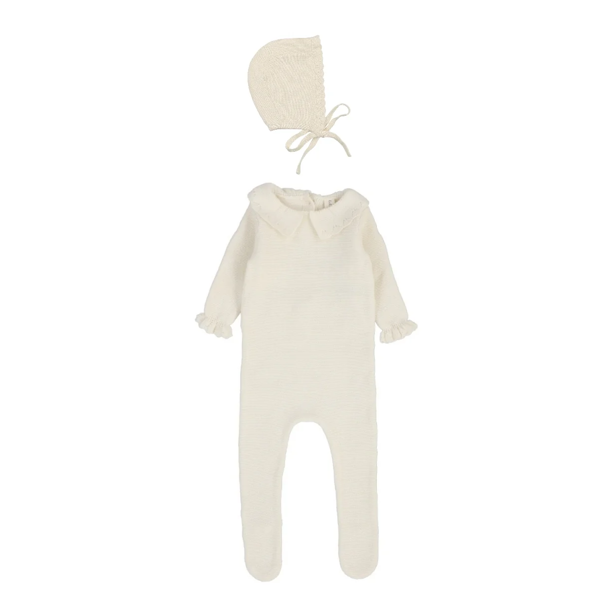 Lilette Knit Collar Ruffle Footie & Bonnet - Cream