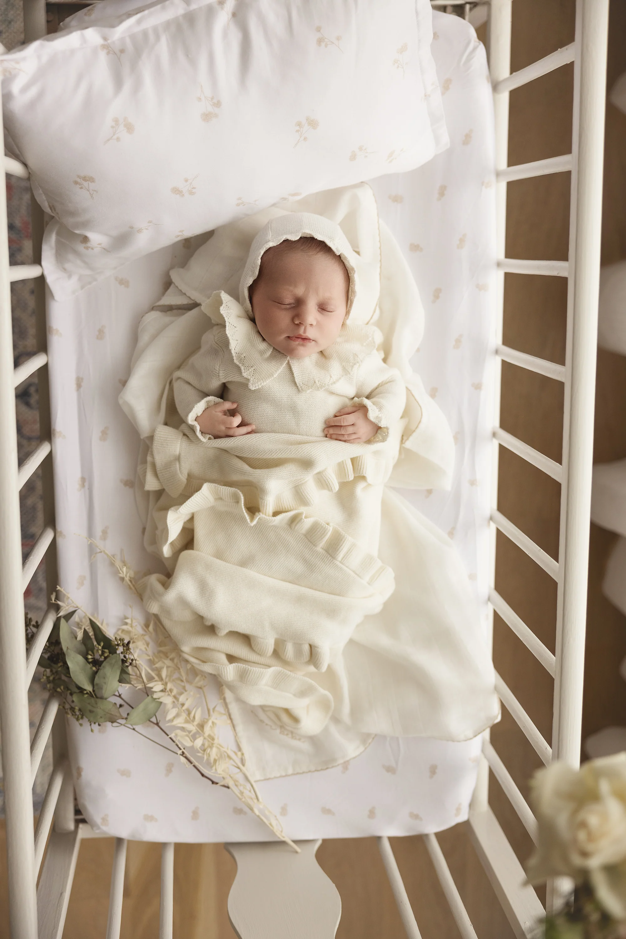 Lilette Knit Collar Ruffle Footie & Bonnet - Cream - Image 2