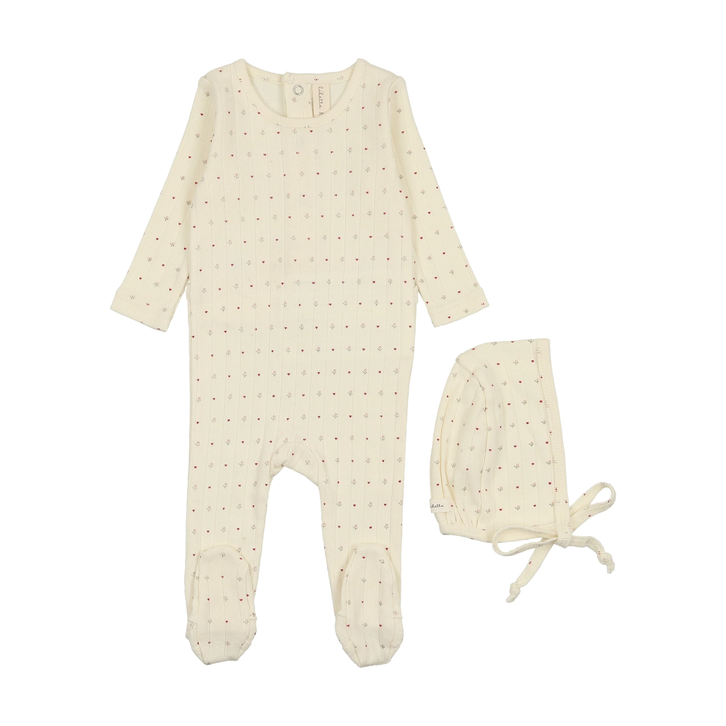 Lilette Linear Printed Footie & Bonnet - Cream/Red Dot
