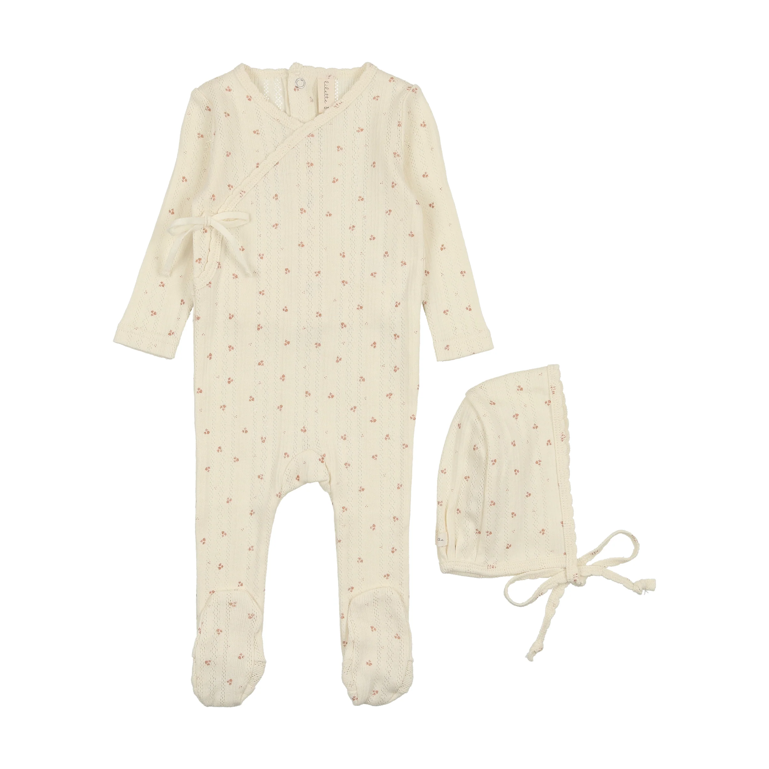 Lilette Printed Pointelle Wrap Footie & Bonnet - Milk/Rose